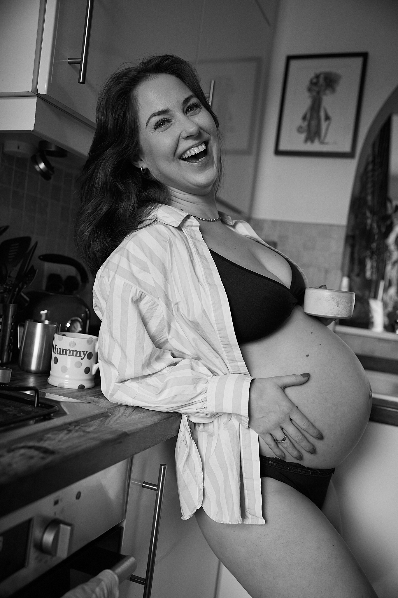 Black and white photos showing joyful expressions and a white shirt.