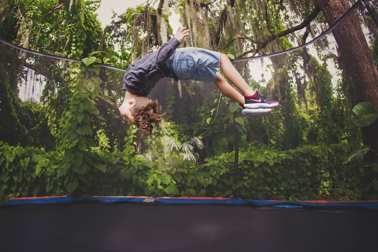 Someone performs a backflip on a trampoline surrounded by lush green trees and Spanish moss.
