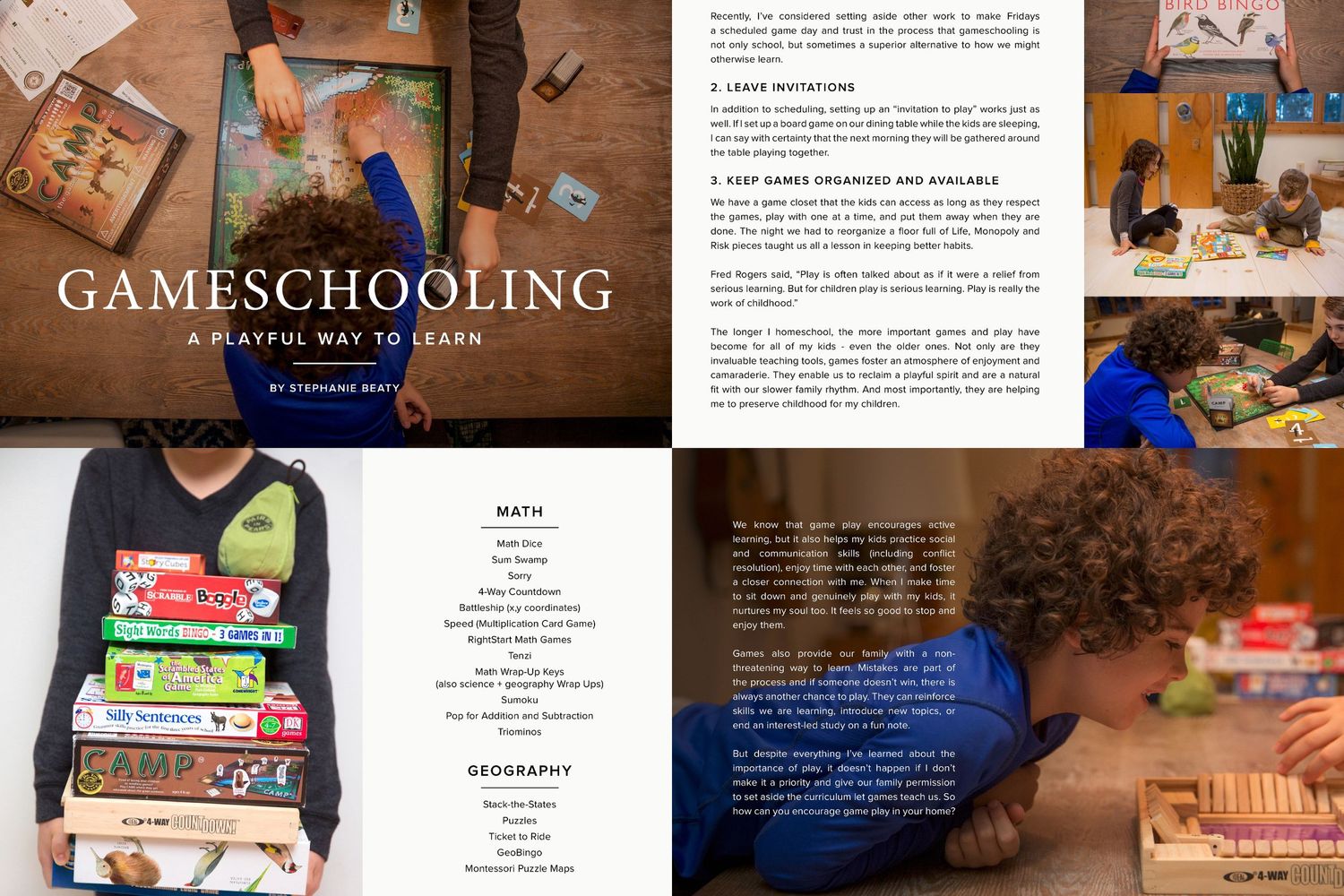 Magazine layout about educational gaming showing board games and learning materials.