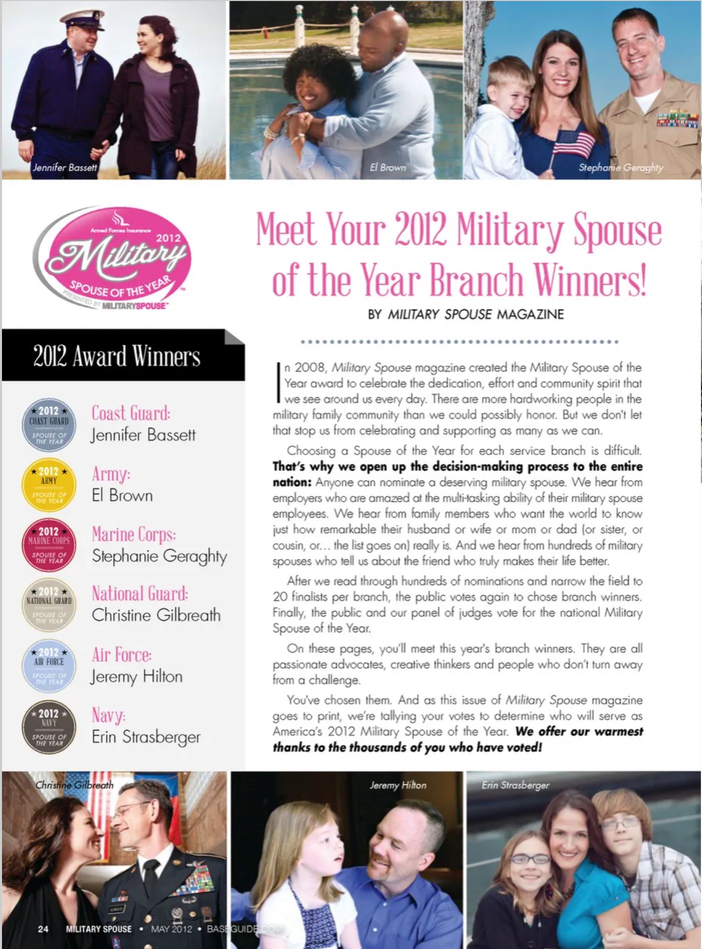 Magazine spread showing Military Spouse of the Year award winners and their stories.