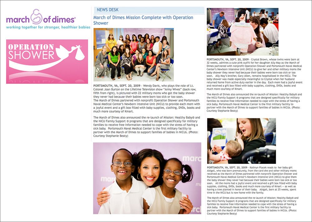 March of Dimes newsletter spread with pink branding and multiple article layouts.
