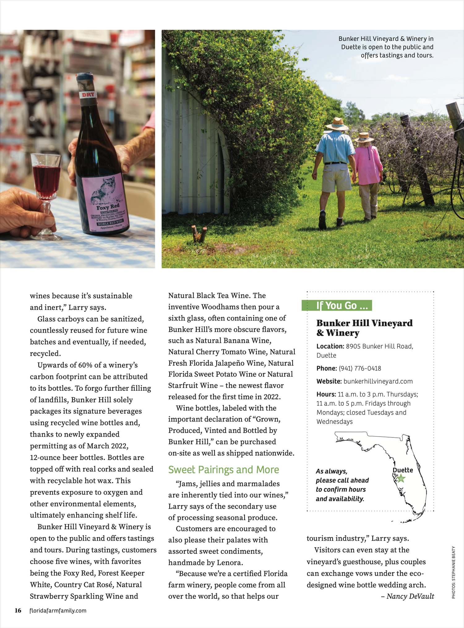 Magazine spread featuring wine bottles and people walking through an orchard.