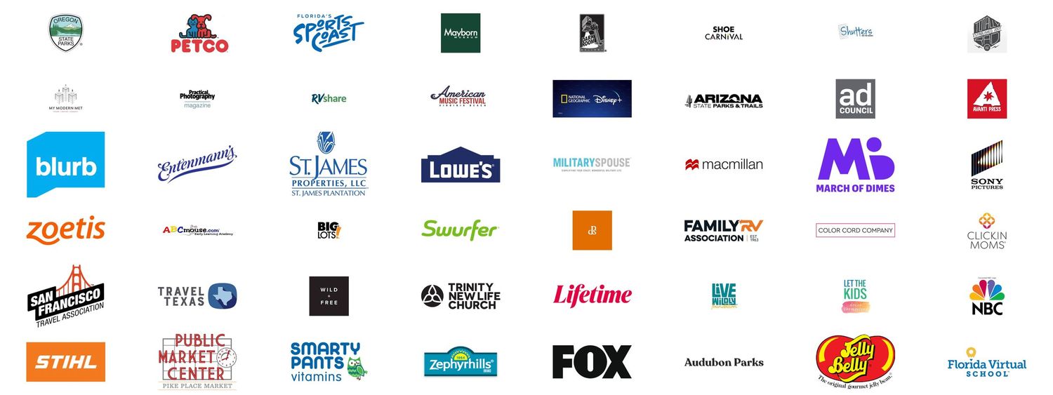 Collection of various brand logos arranged in rows on white background.
