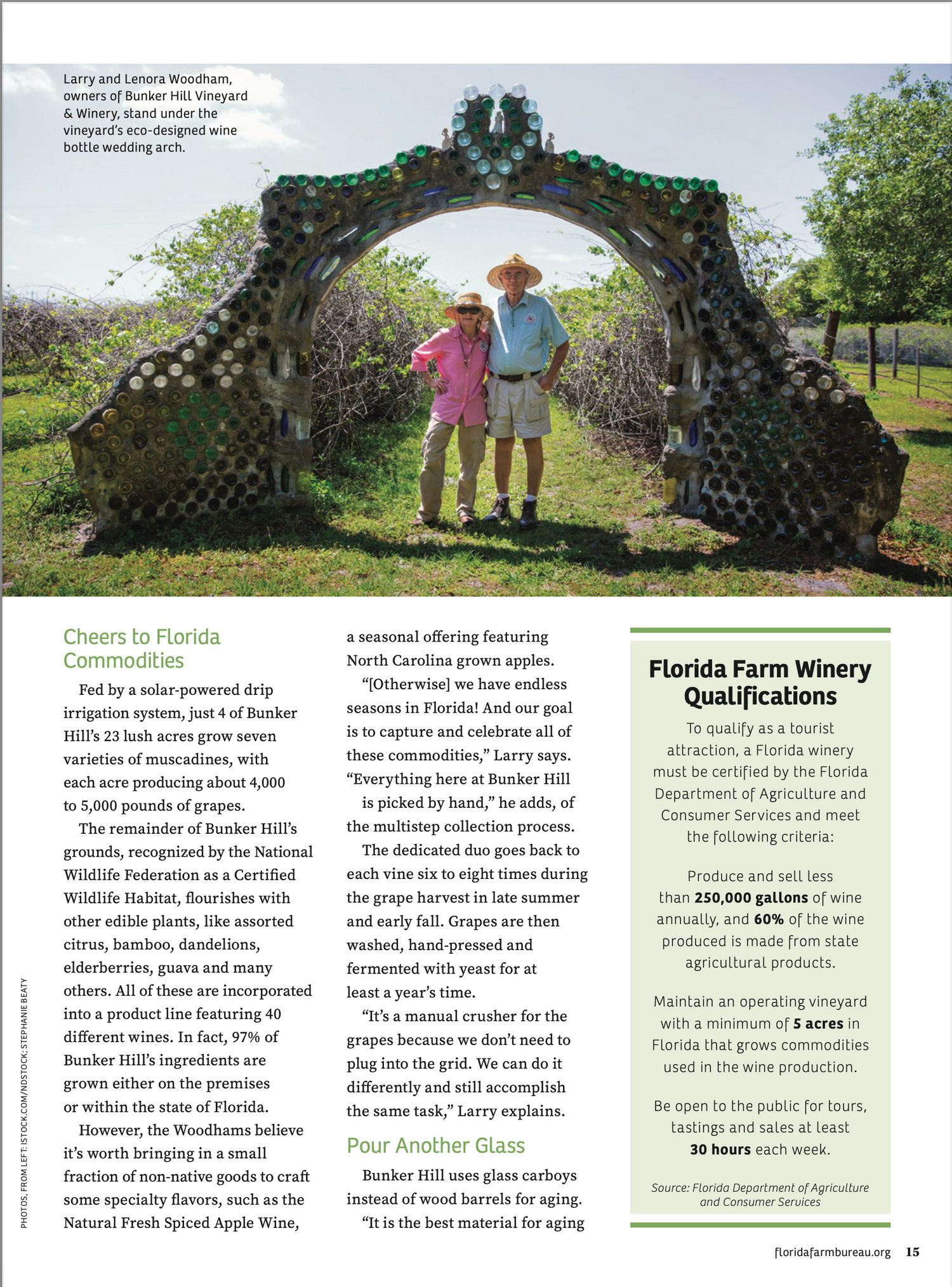 Two people standing under a decorative garden arch covered in vines.