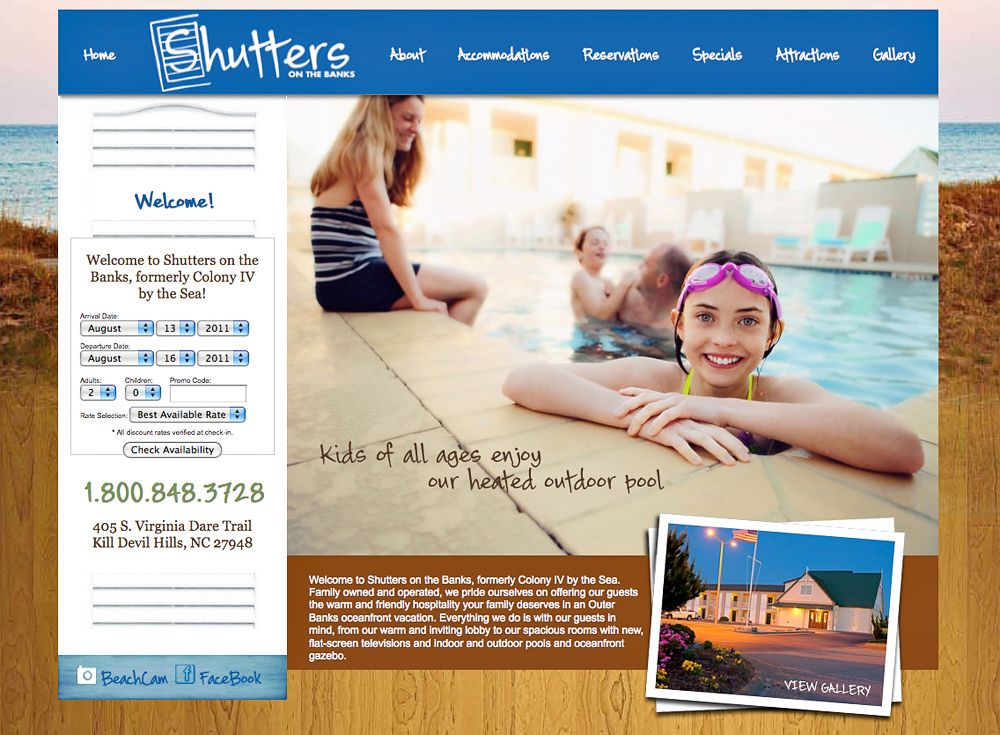 Swimming pool website design with blue water theme and login form interface.