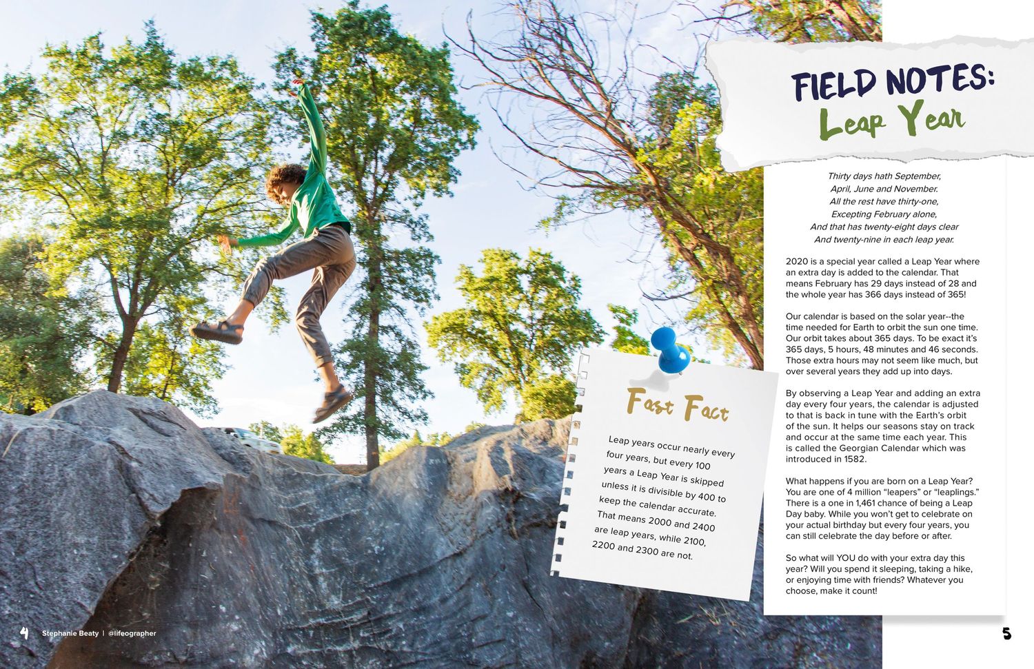 Rock climbers scaling tall cliffs and boulders in a forest setting with field notes layout.