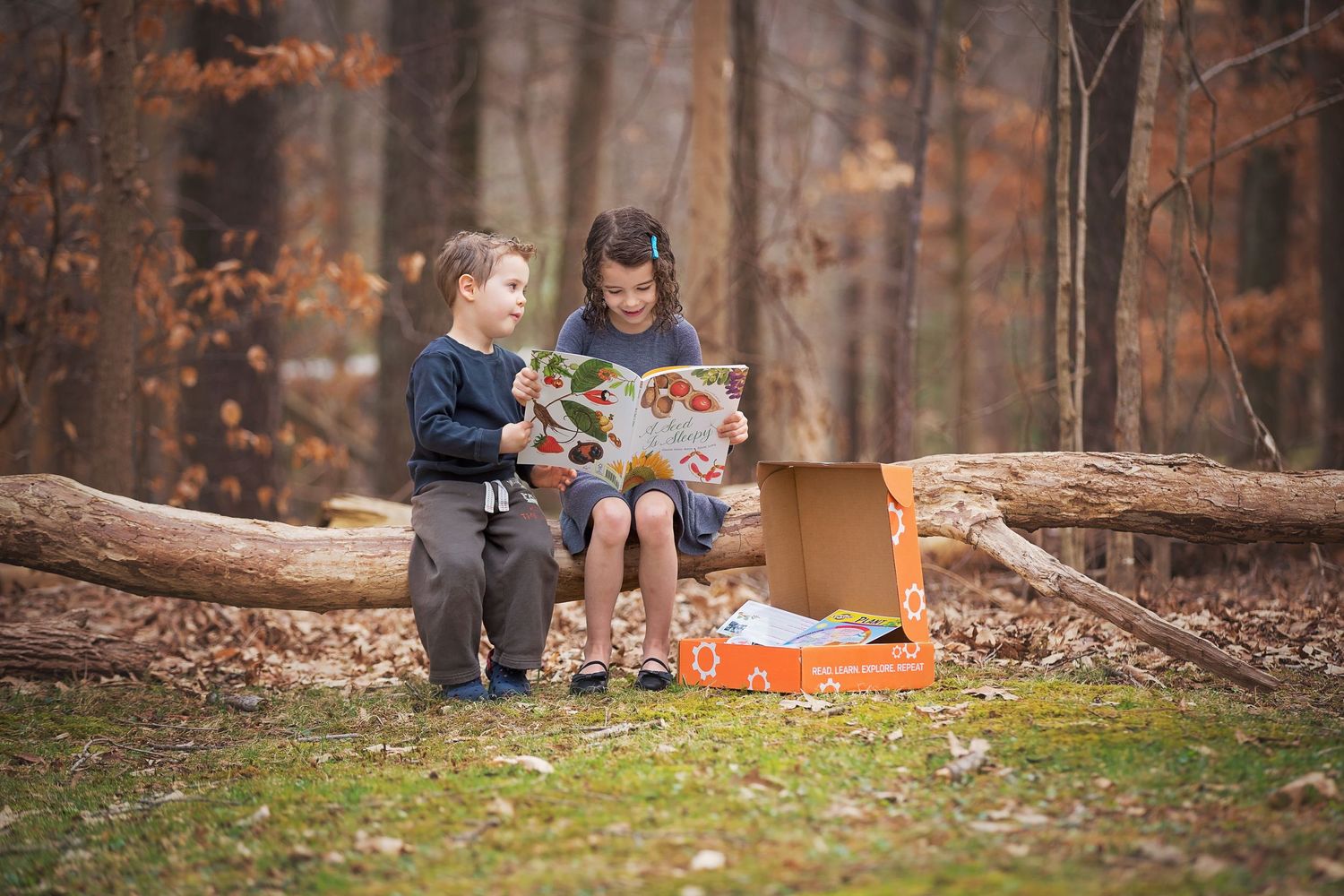Two children share a book while sitting on fallen logs in an autumn forest.