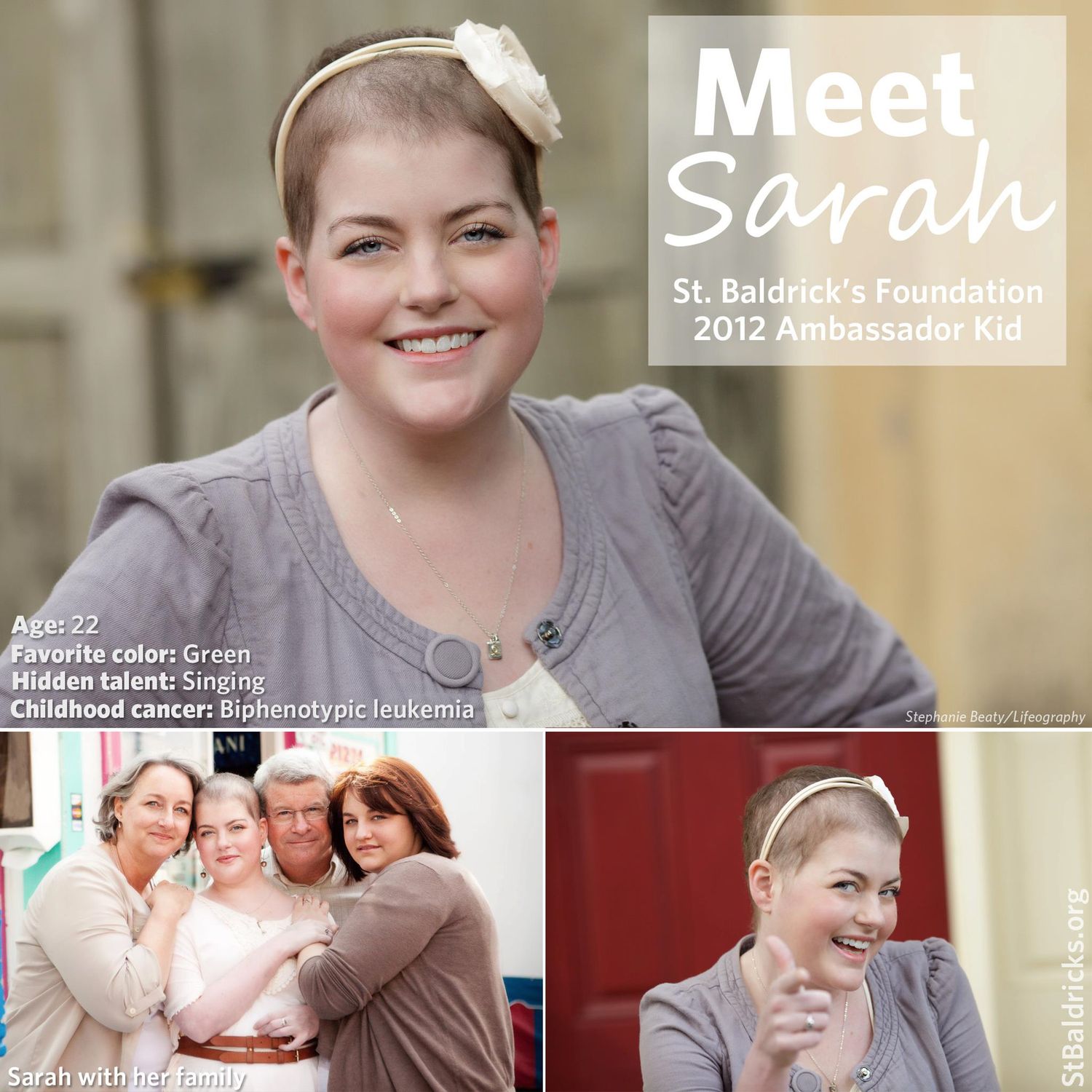 Magazine profile layout featuring St. Baldrick's Foundation ambassador with decorative headpiece.