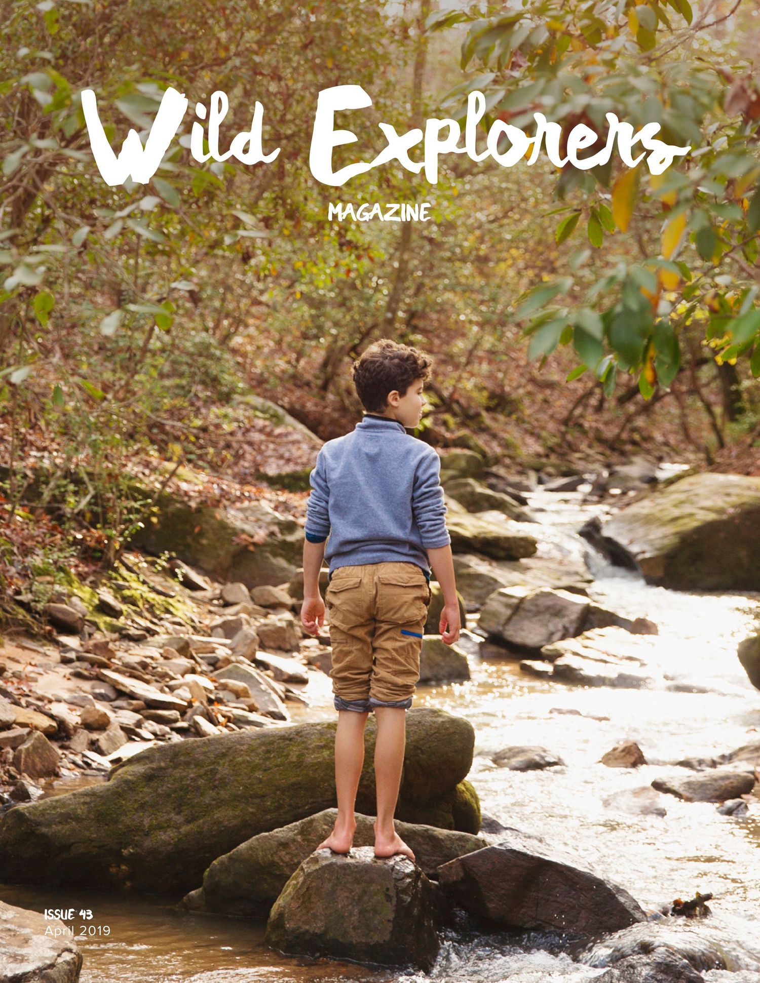 Magazine cover depicting child standing on rock overlooking forest stream.