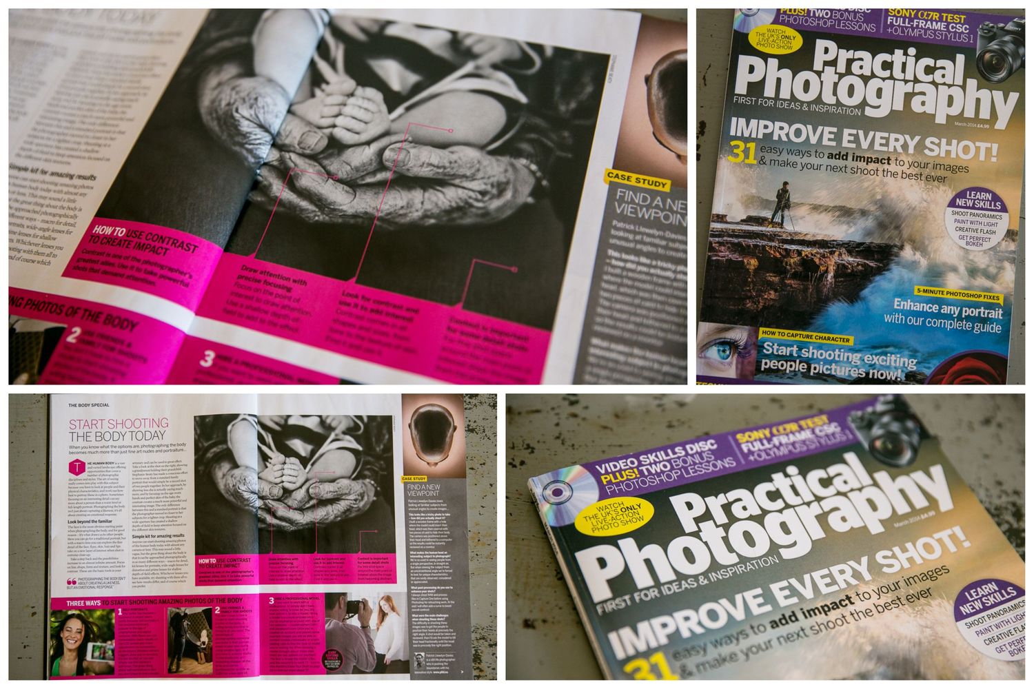 Photography magazine layouts showing black and white technical photo examples.