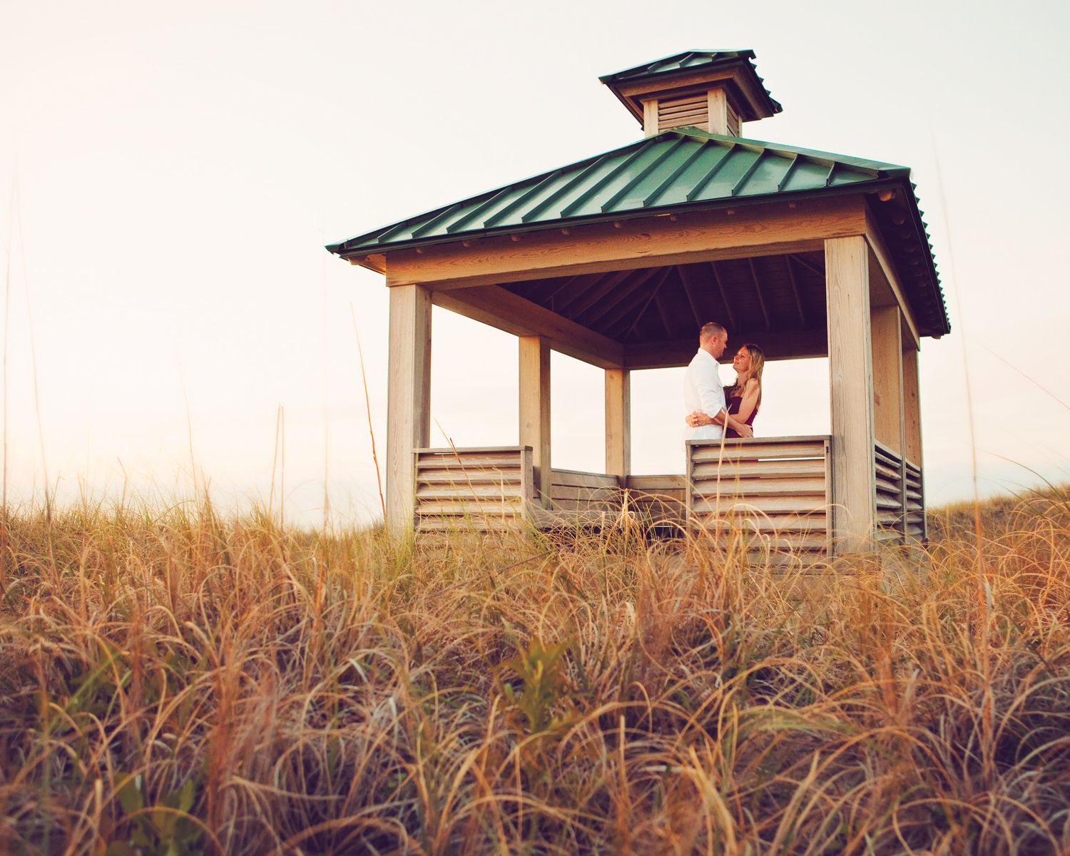 Small gazebo with green metal roof sits among tall grass during sunset.