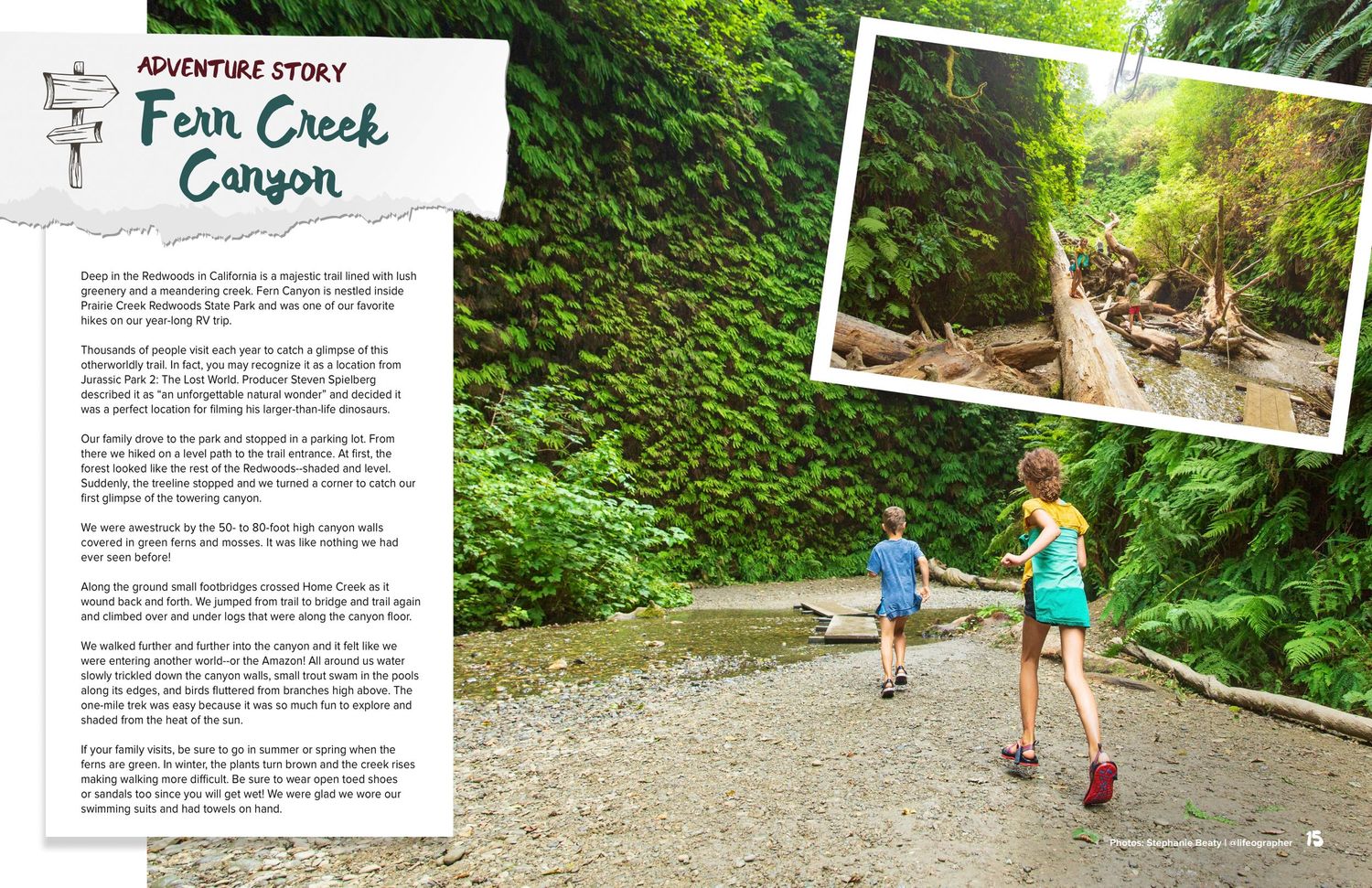 Magazine spread about hiking trail featuring scenic forest path with runners.