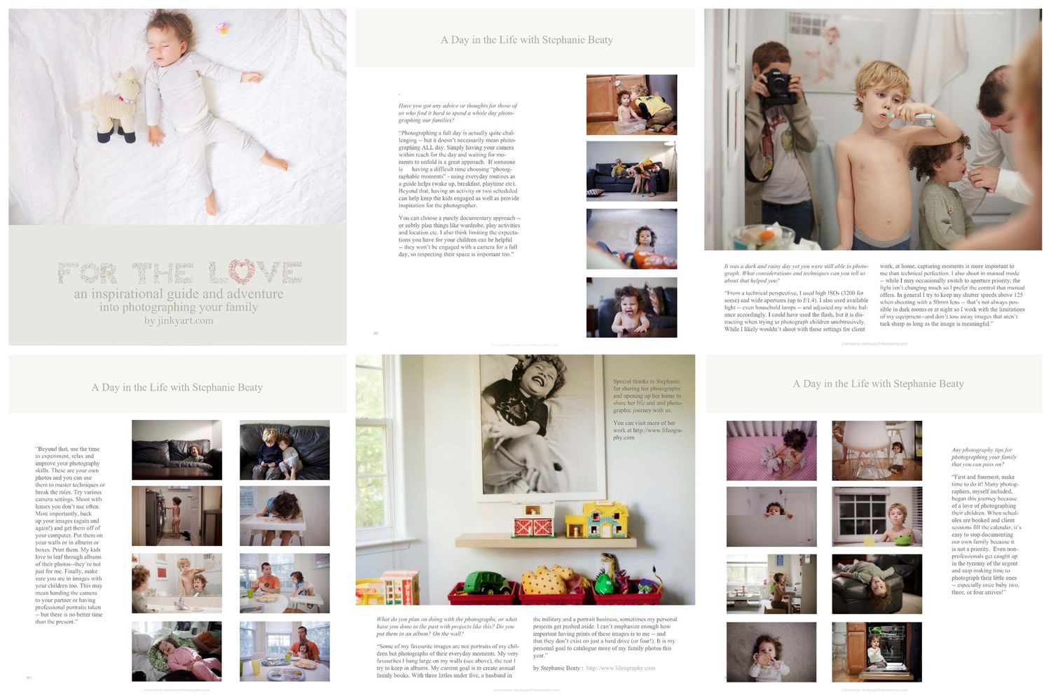 Magazine spread featuring lifestyle photography and text layouts about documenting family moments.