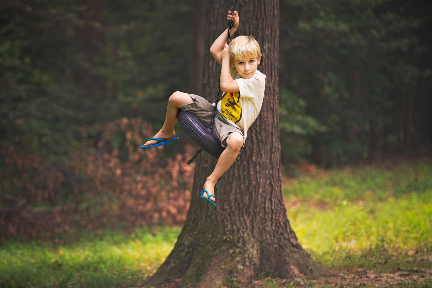 Young person climbing a large tree trunk in a forest setting.