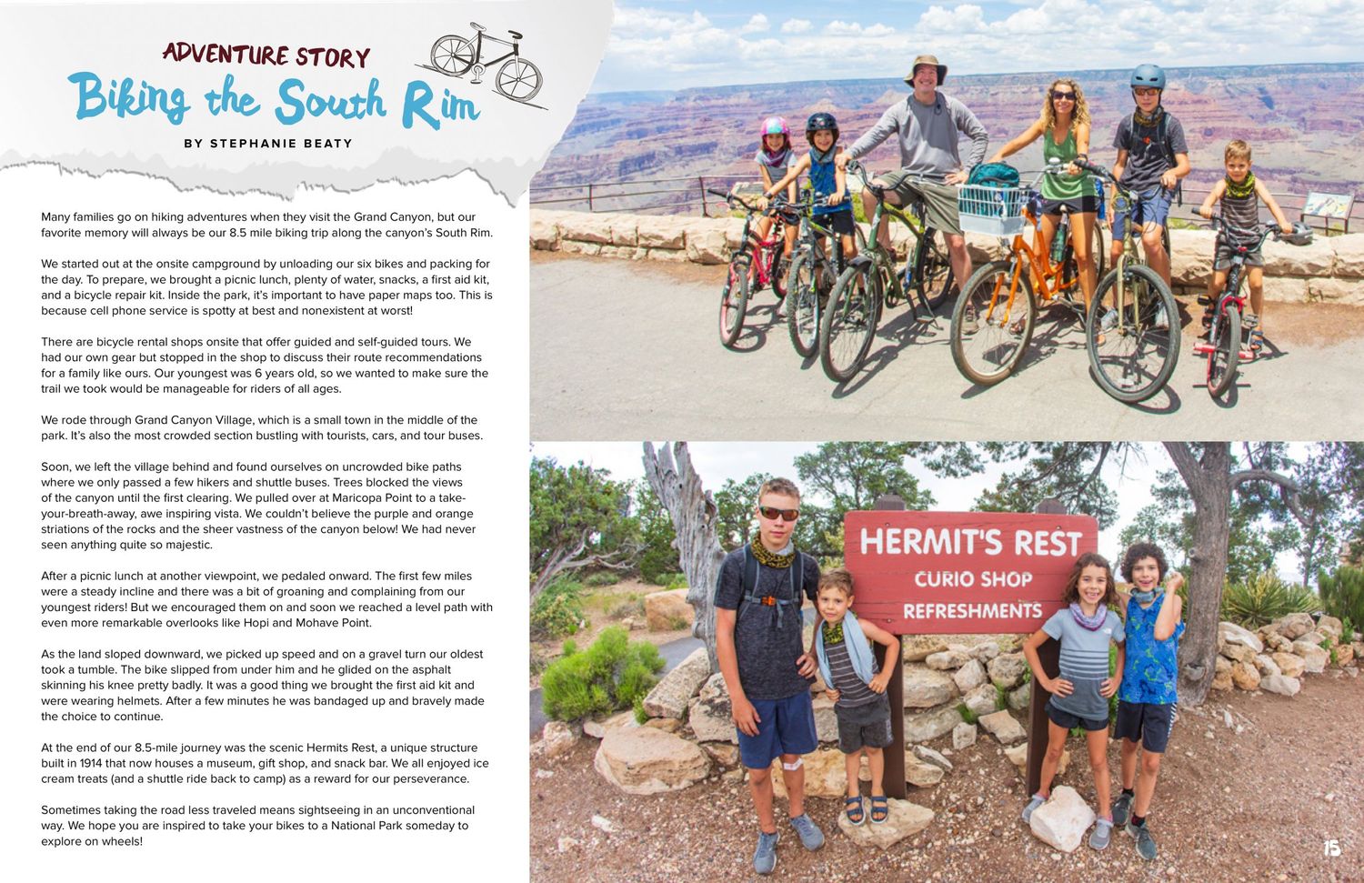 Adventure magazine spread showing cyclists at Grand Canyon and hikers at trail markers.