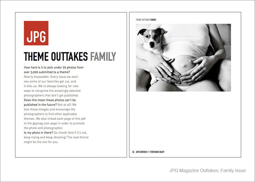 Magazine layout showing JPG theme outtakes family section with black and white photography.