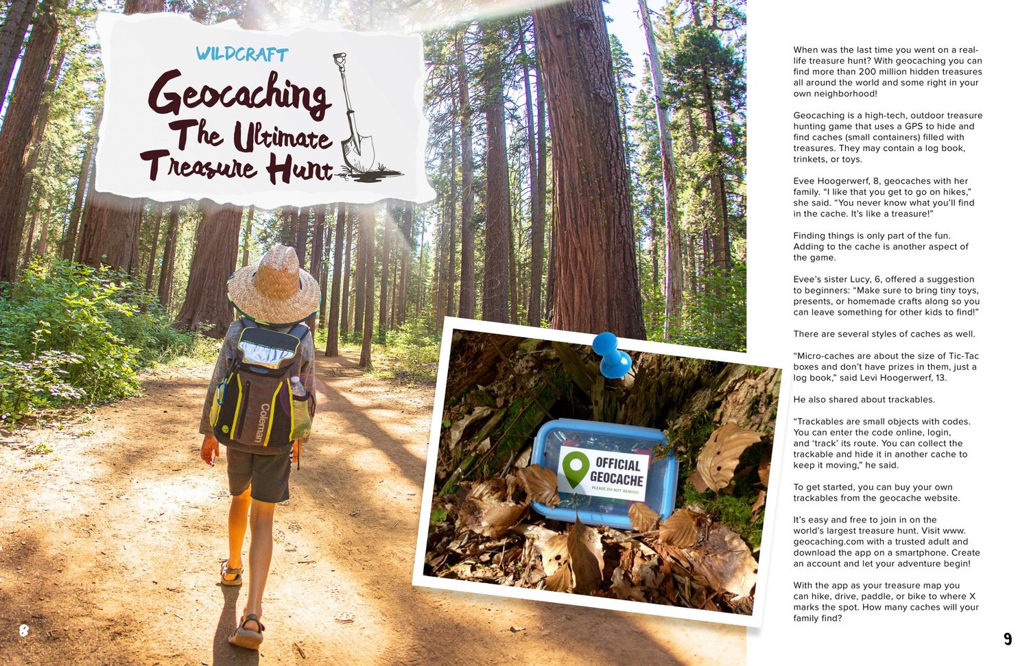 Hiking magazine spread featuring person walking forest trail with Yosemite directional sign.