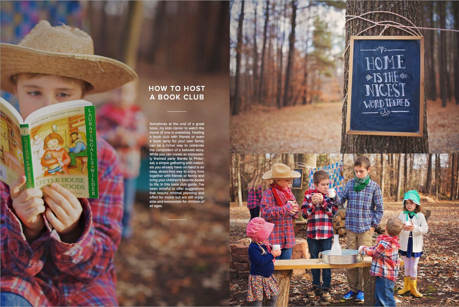 Editorial spread featuring outdoor reading and learning activities in a forest setting.