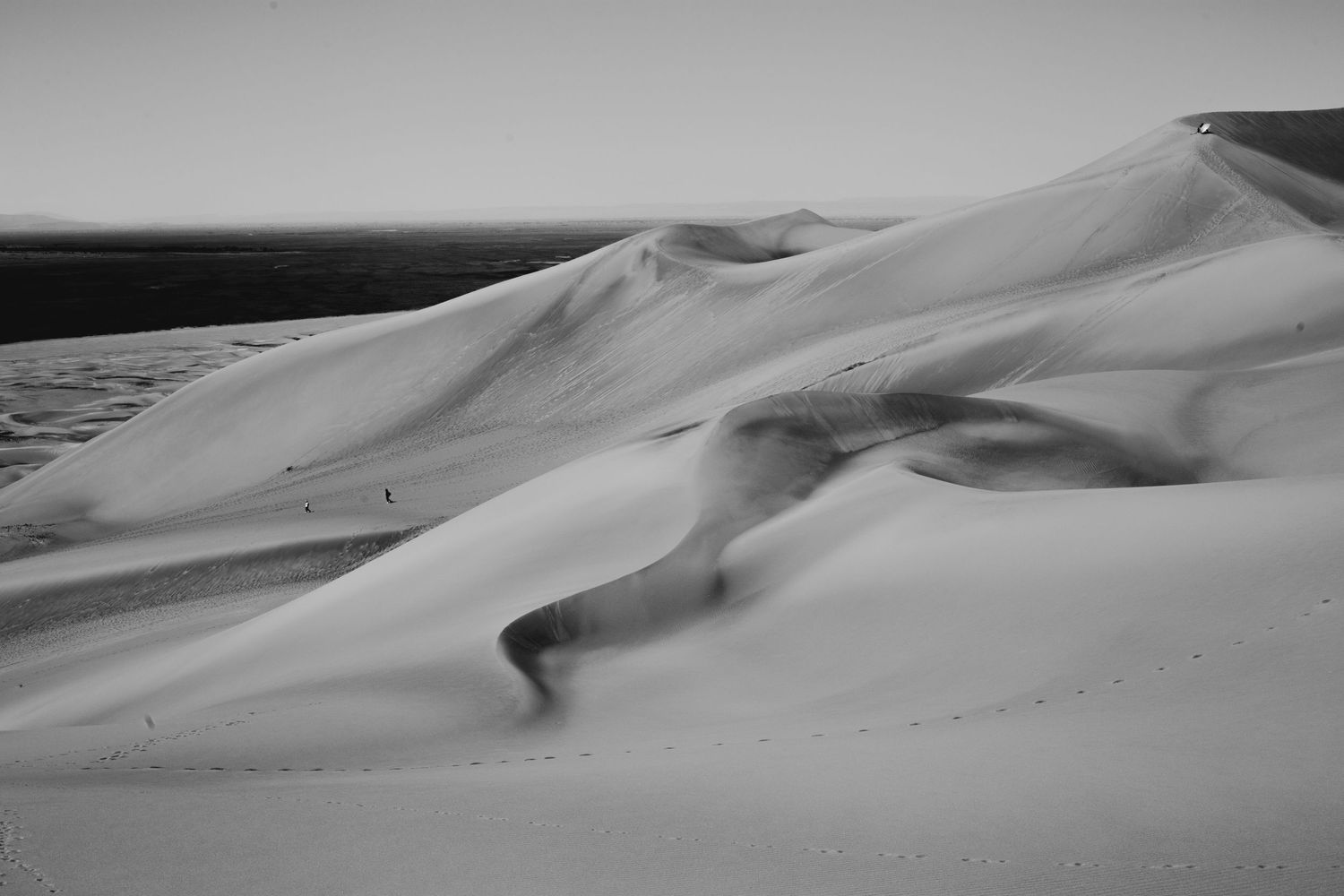 Smooth curves and ripples of desert sand dunes captured in dramatic black and white.