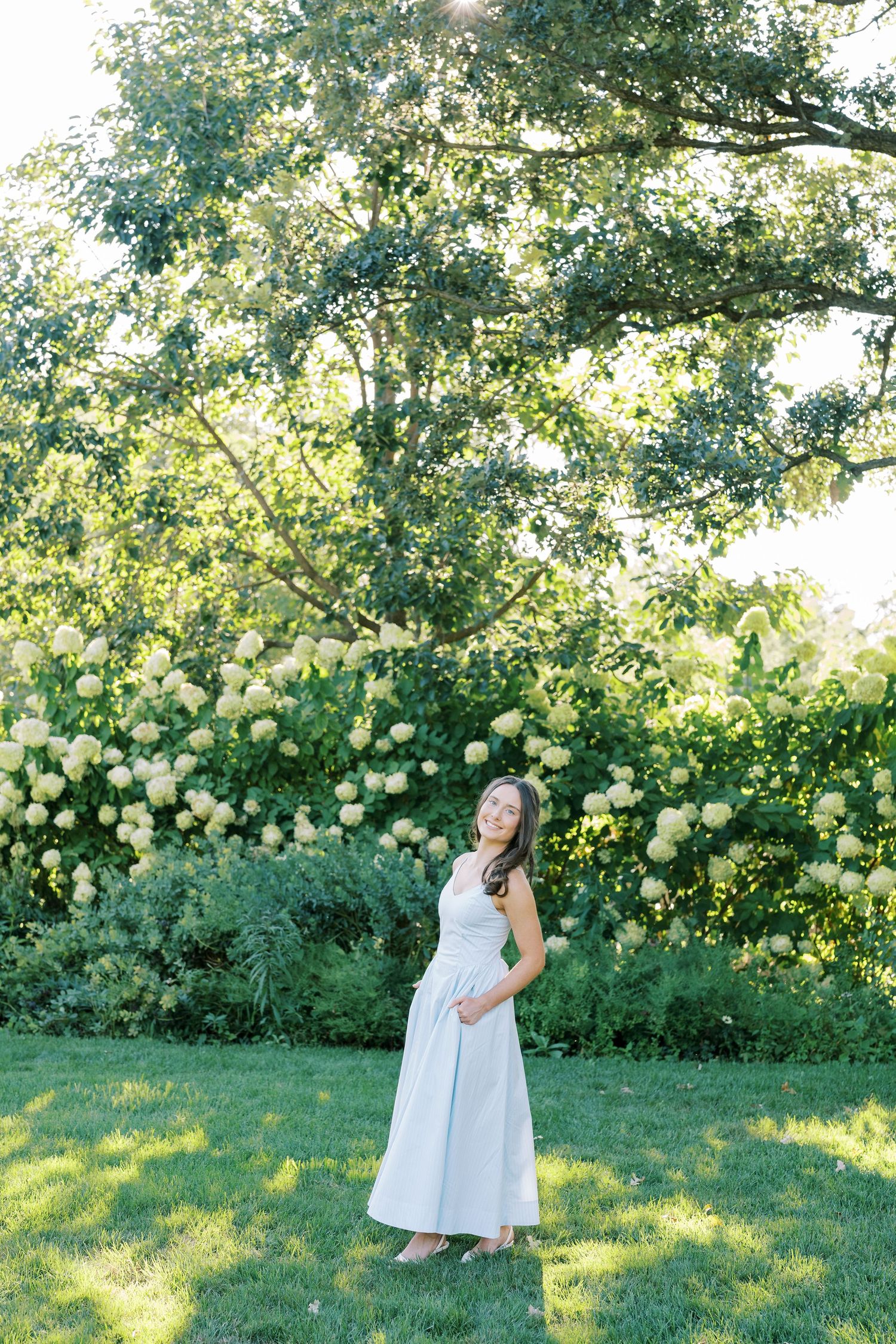 A figure in a flowing white dress stands in a garden with blooming hydrangea bushes and dappled sunlight through trees.