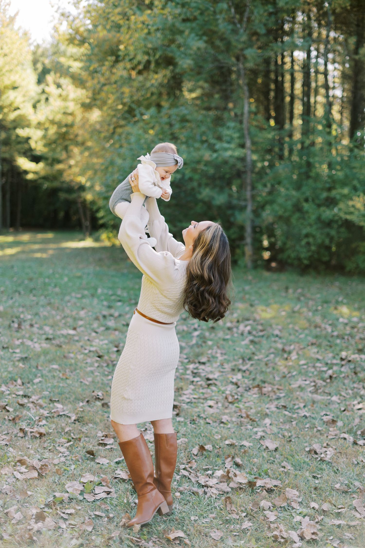 Series of outdoor family photos in a wooded setting with fallen leaves and natural lighting.