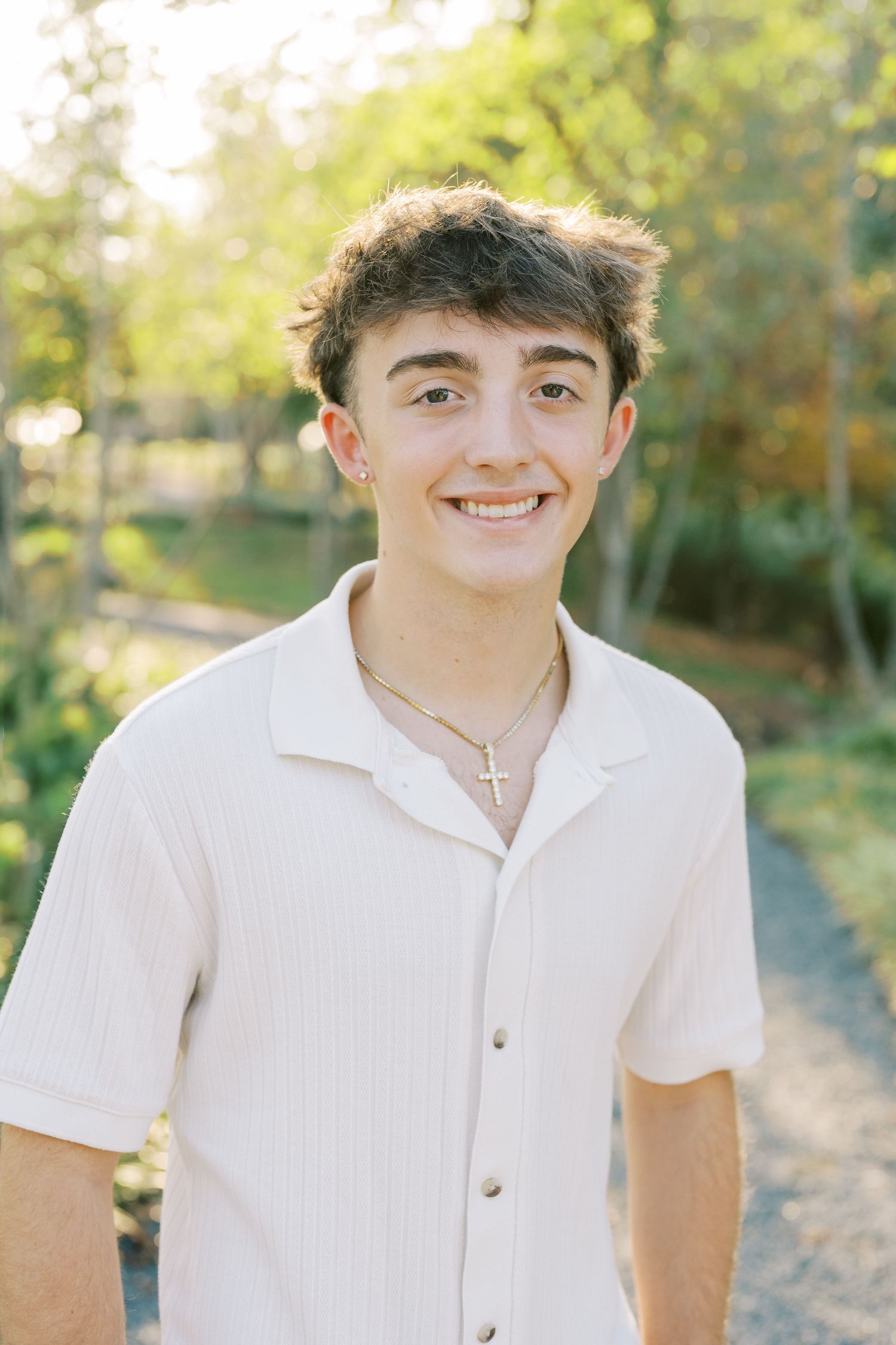 A series of outdoor portrait photos showing a person in a white polo shirt against a natural background.