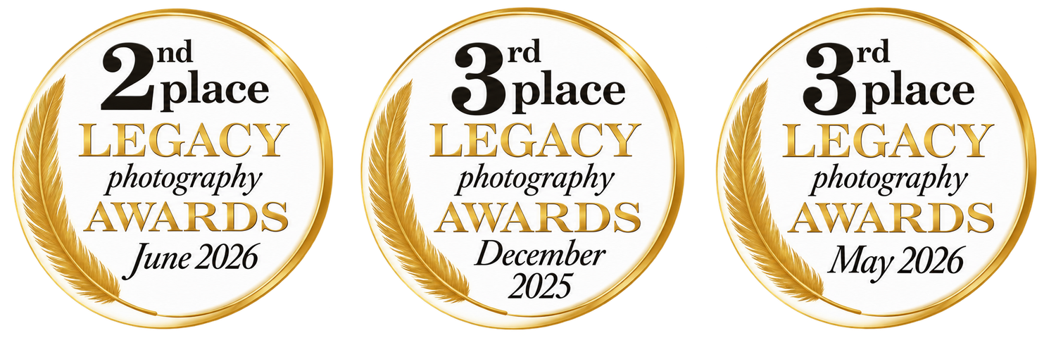 Three Legacy Photography Awards badges showing 2nd and 3rd place wins 2025-2026.
