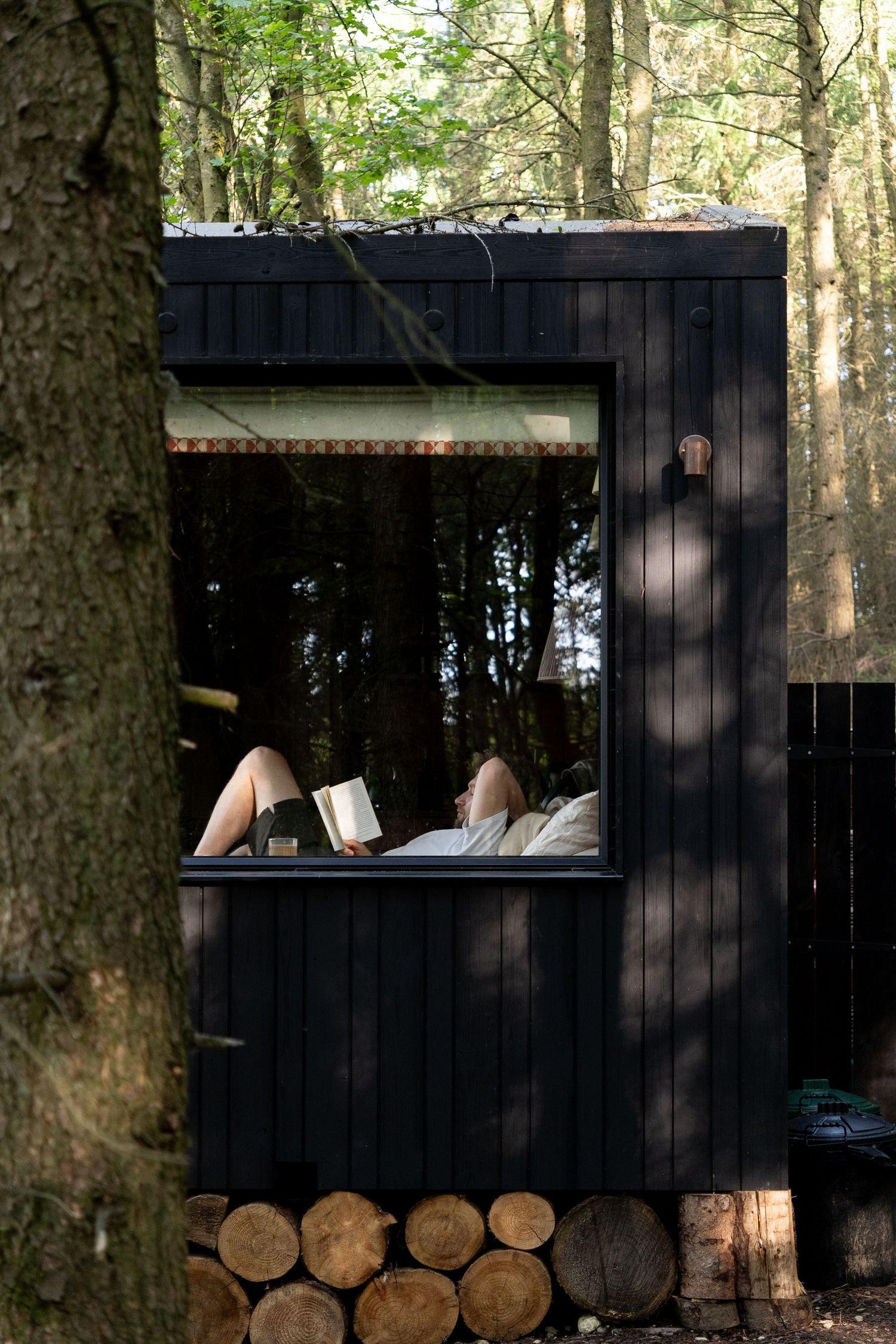 Person reading a book in a black cabin bed nook surrounded by forest trees with stacked firewood below.