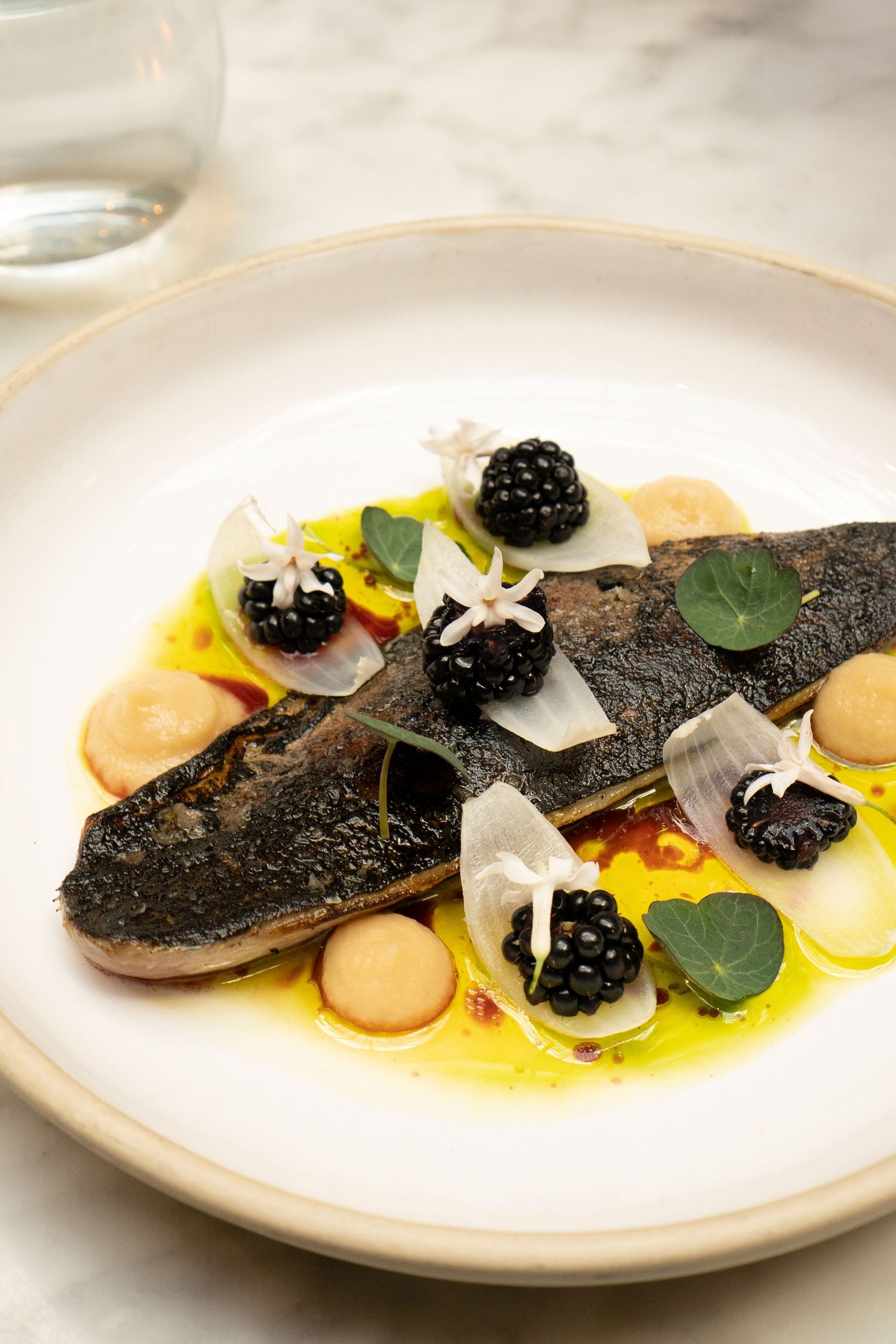 Elegant plated fish dish with blackberries, edible flowers, herb leaves, and golden oil sauce on white ceramic.