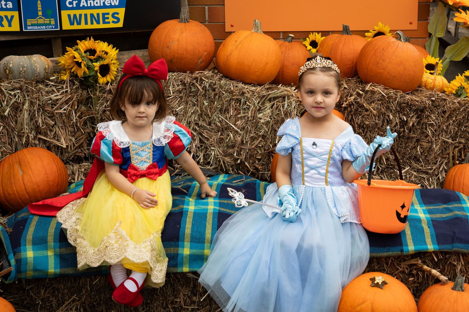 Two young girls dressed as Snow White and Cinderella sit on hay bales at Halloween pumpkin patch.