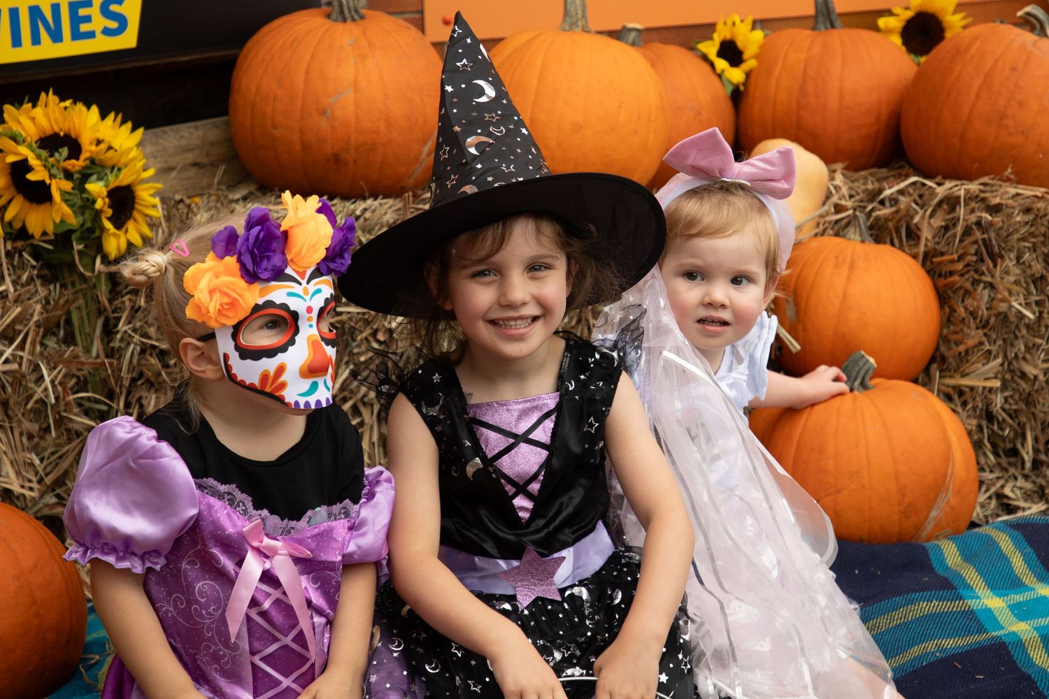 Three young girls in Halloween costumes as witch, sugar skull, and fairy posing with pumpkins and sunflowers.
