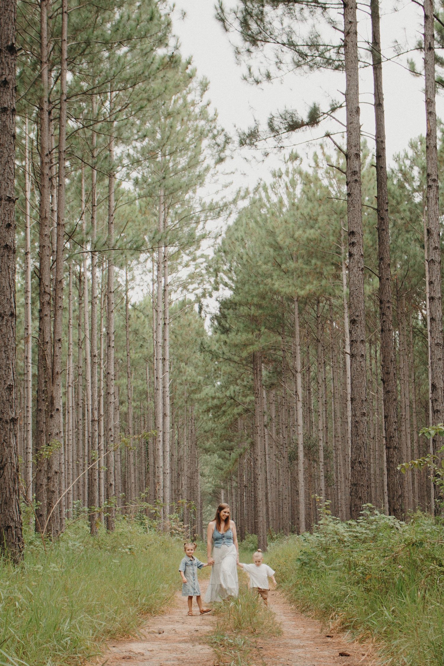 Mother walks with two young children on a dirt path through tall pine forest.