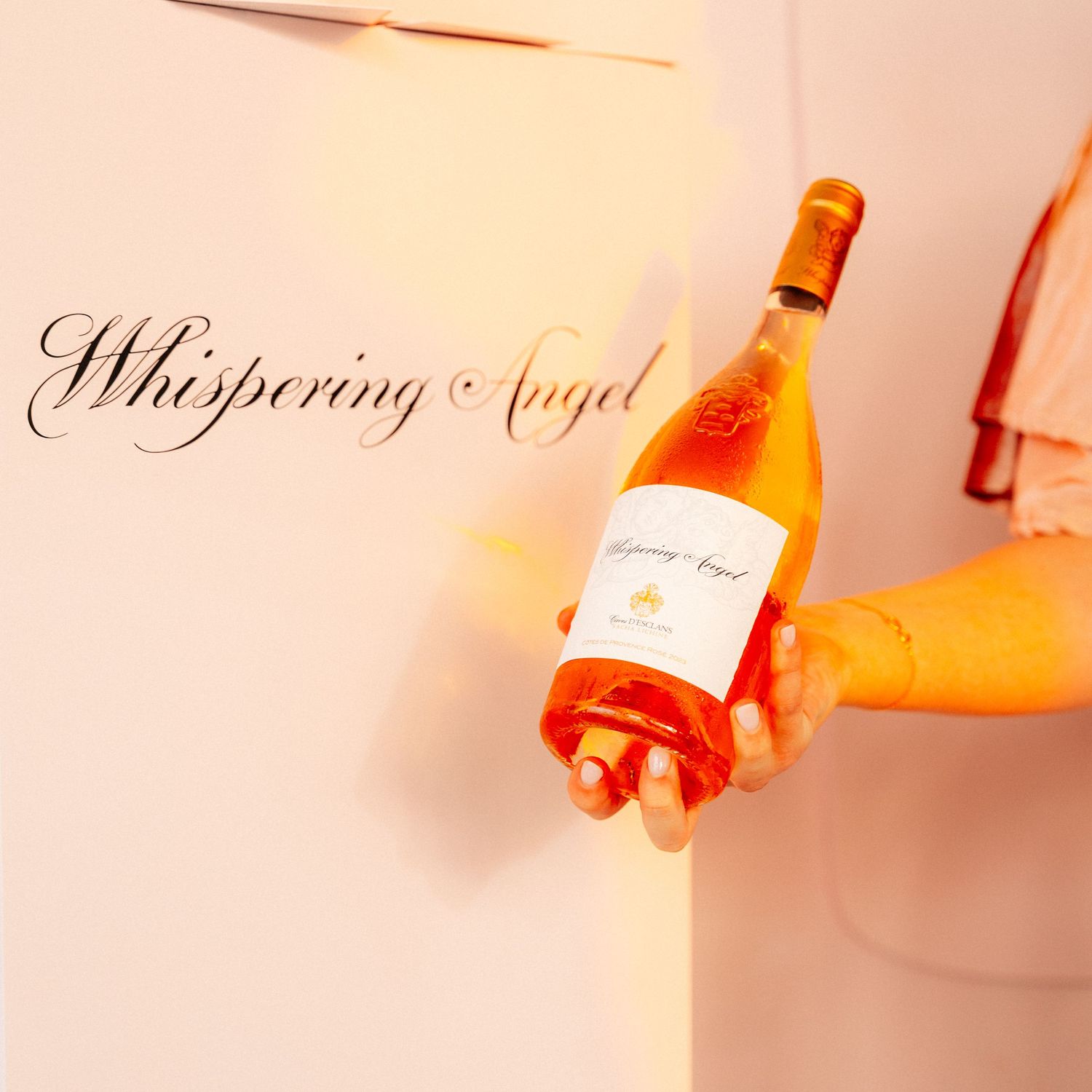 Hand holding a bottle of Whispering Angel rosé wine against a soft pink branded backdrop.