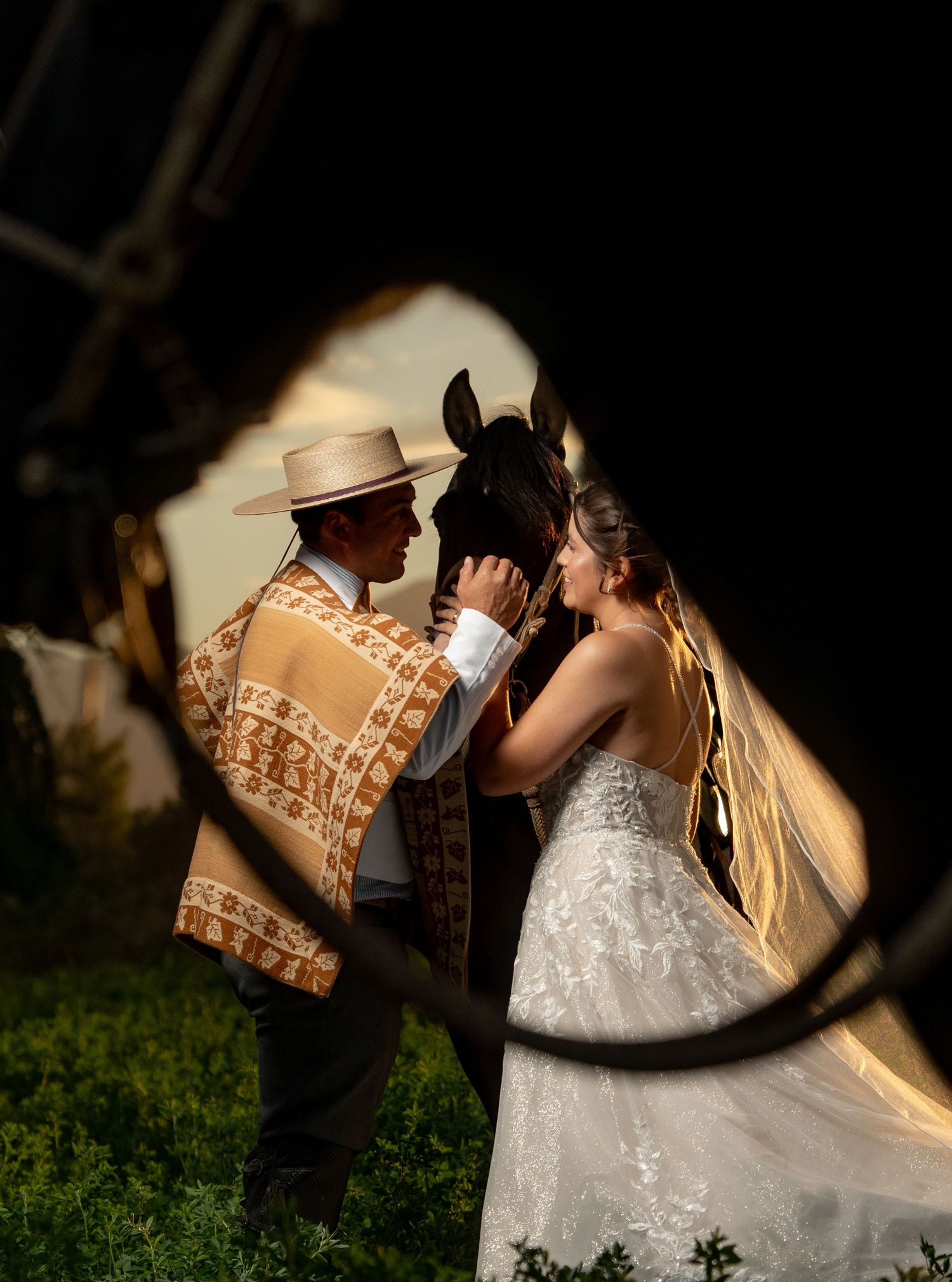 A romantic wedding photo sequence showing a couple in western attire sharing intimate moments at sunset.