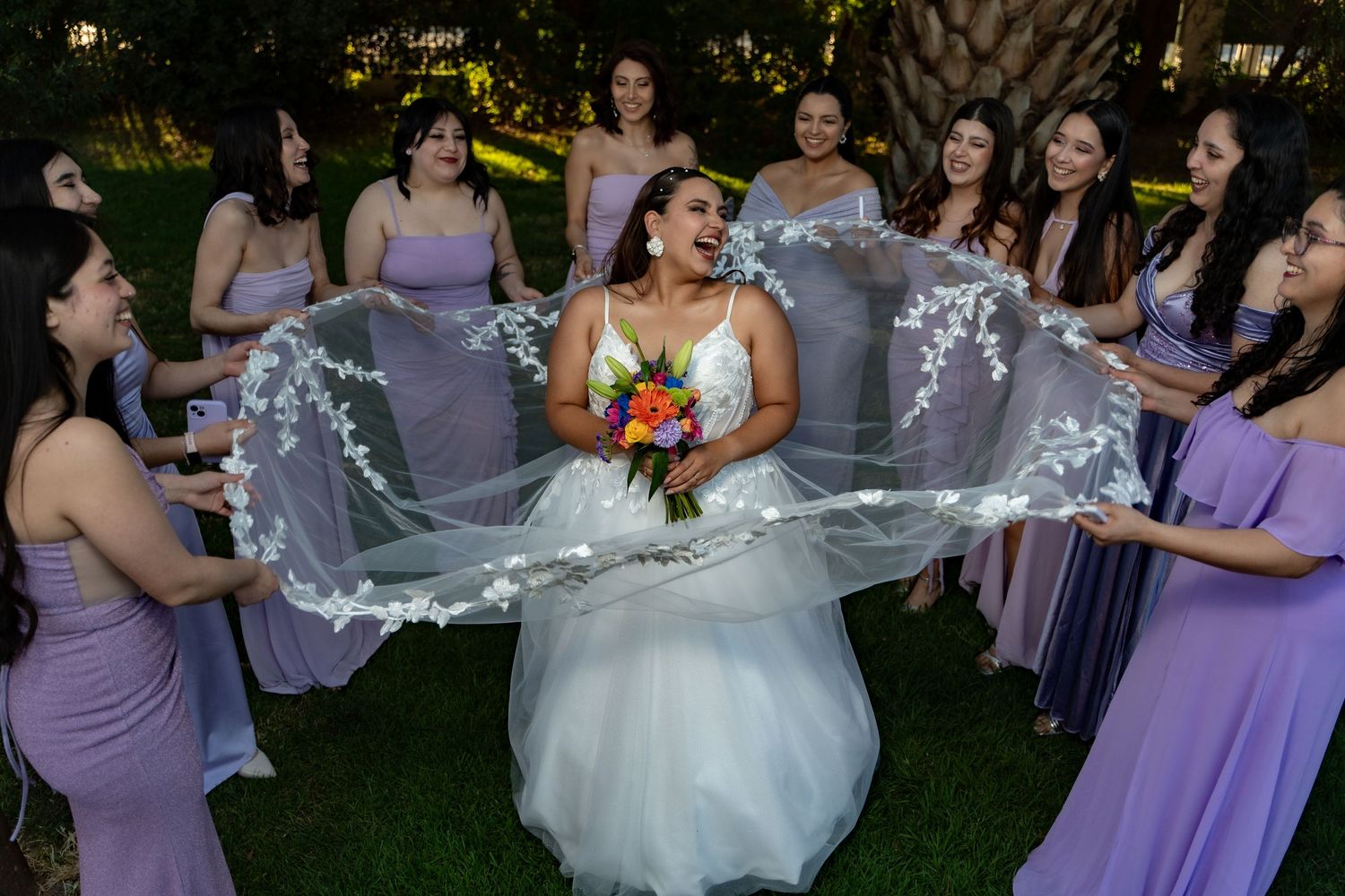 Wedding party celebrates with bridesmaids in purple dresses on a grassy lawn.