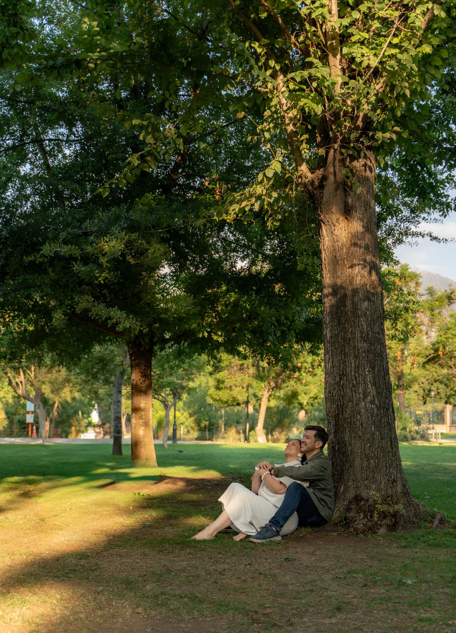 Couple relaxes under large tree in sunlit park during golden hour.