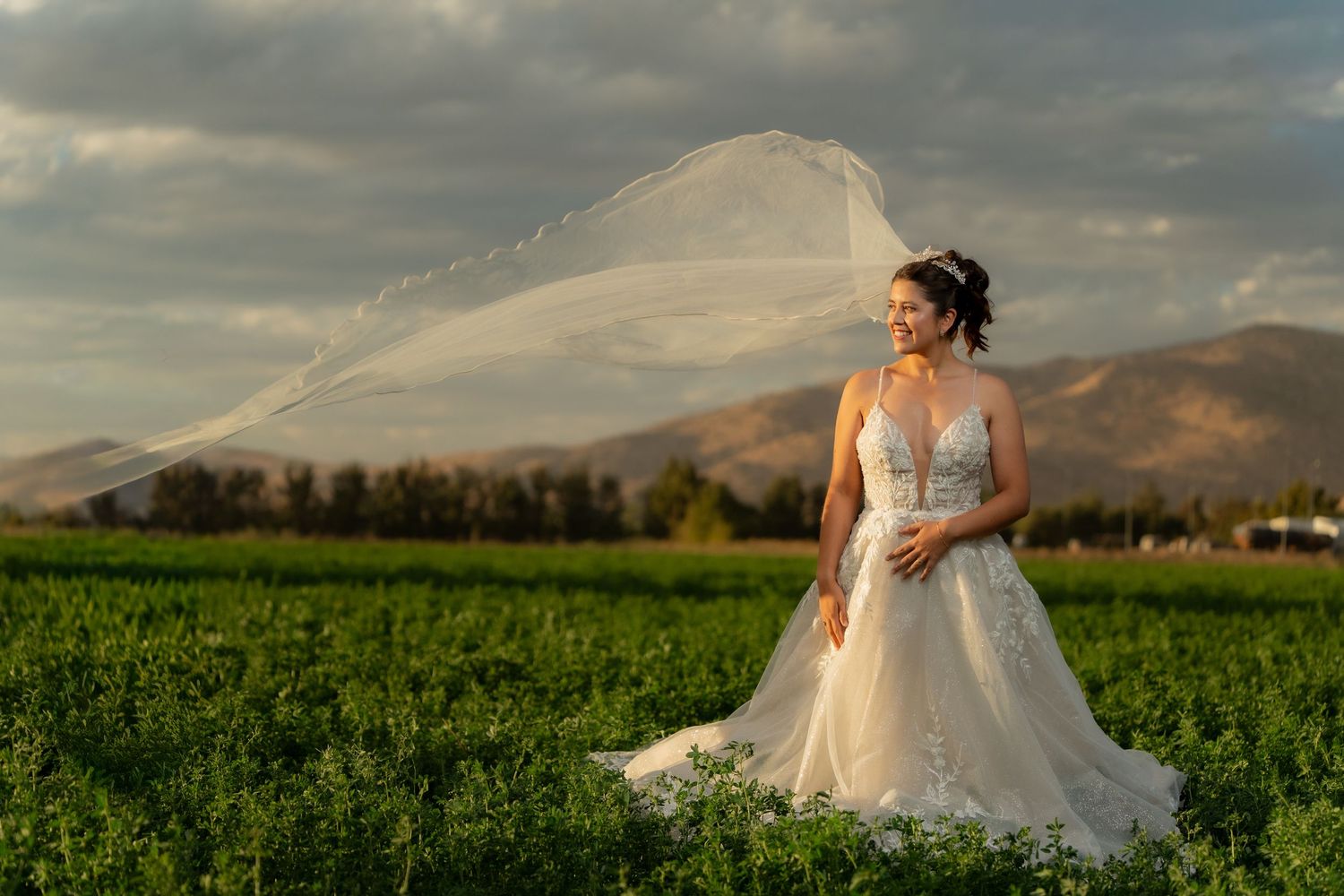 A bride in a flowing white dress stands in a lush green field with mountains and dramatic clouds in the background.