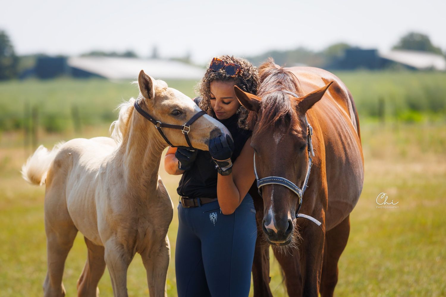 Woman embracing a chestnut horse and palomino foal in a sunny green pasture.