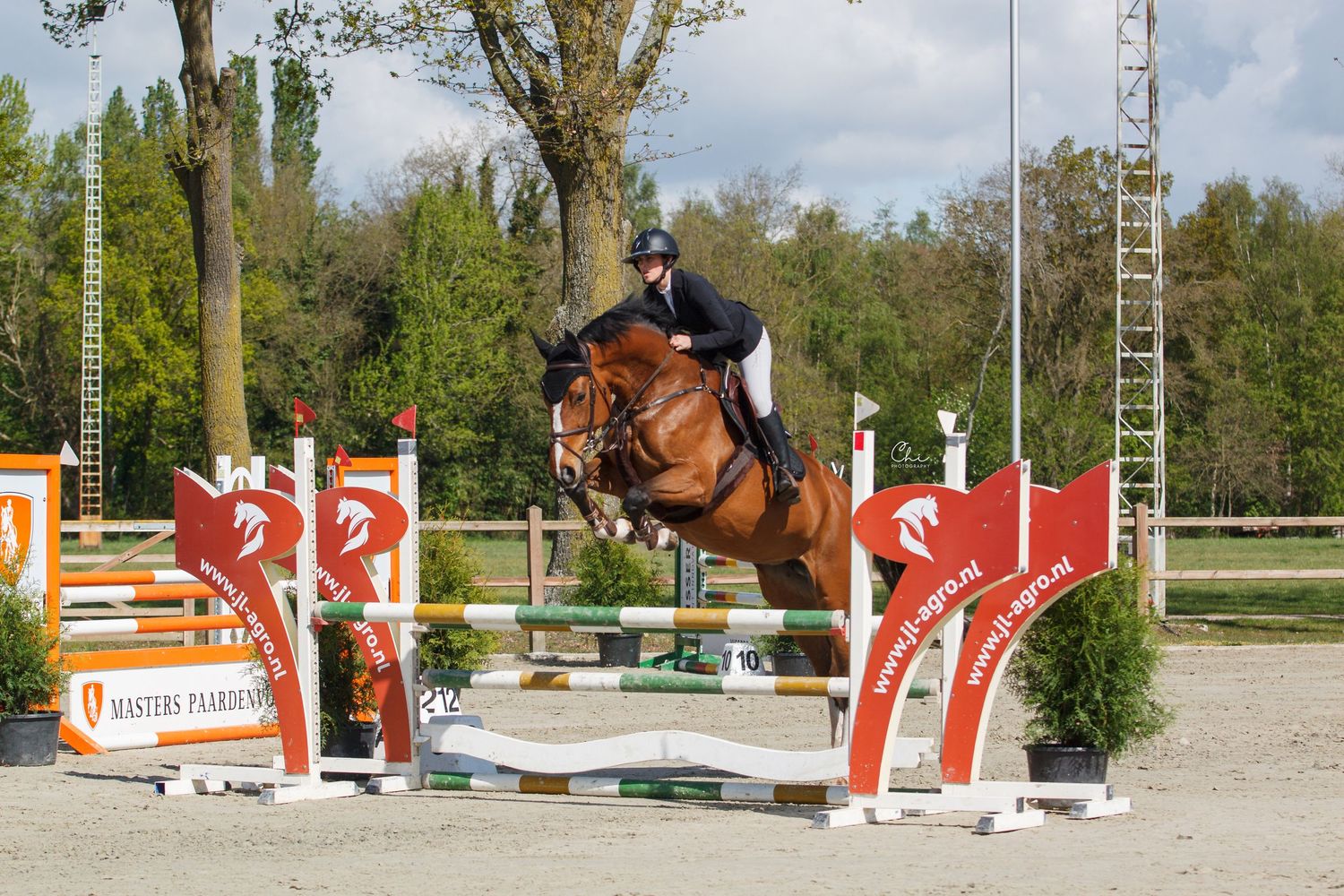 Equestrian rider on chestnut horse jumping over colorful red and white show jumping fence at outdoor competition.