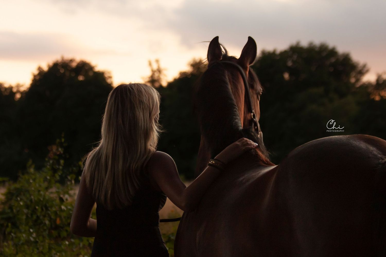 Blonde woman with dark brown horse at dramatic sunset in lush greenery.