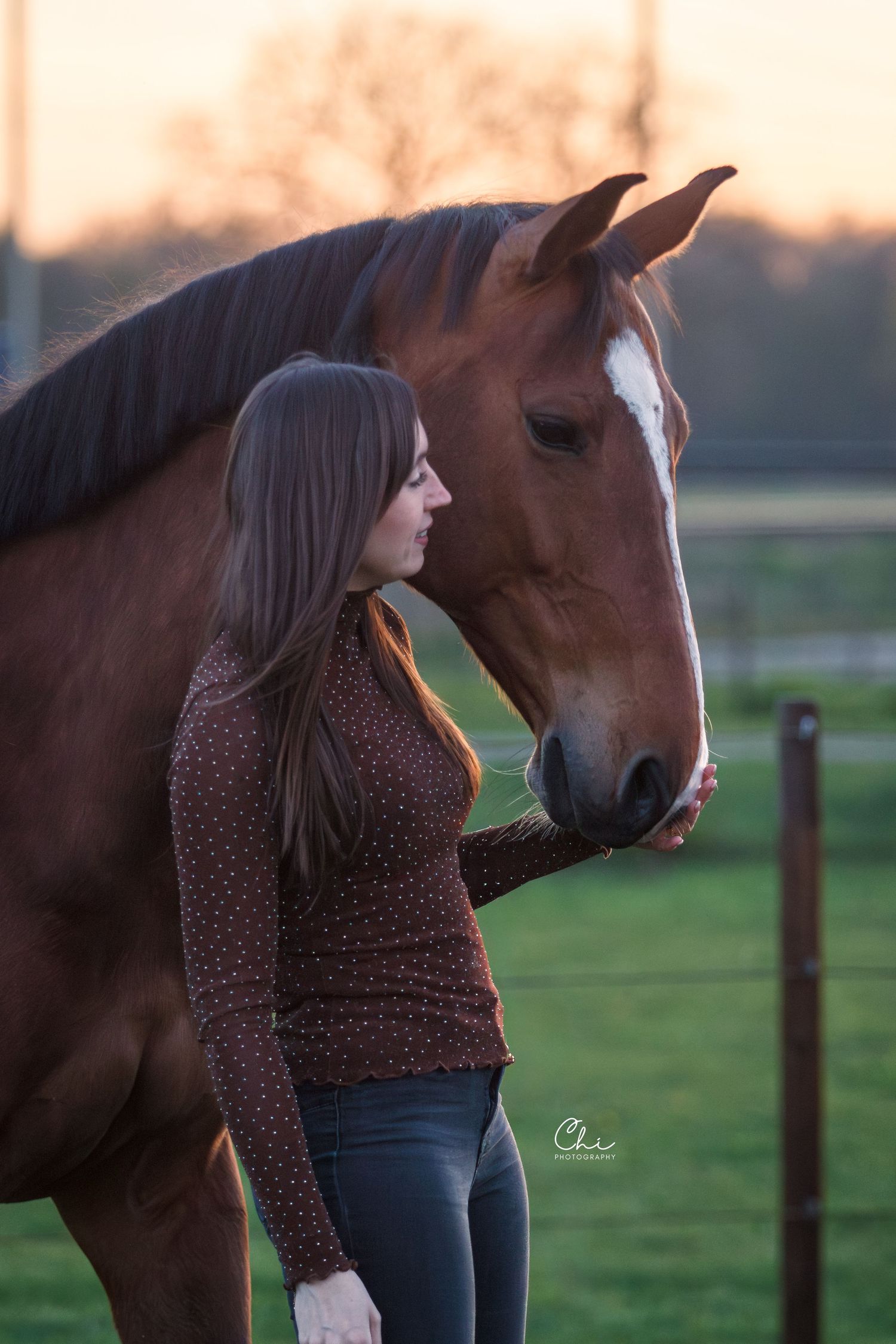 Young woman in brown top standing close to a chestnut horse at golden sunset outdoors.