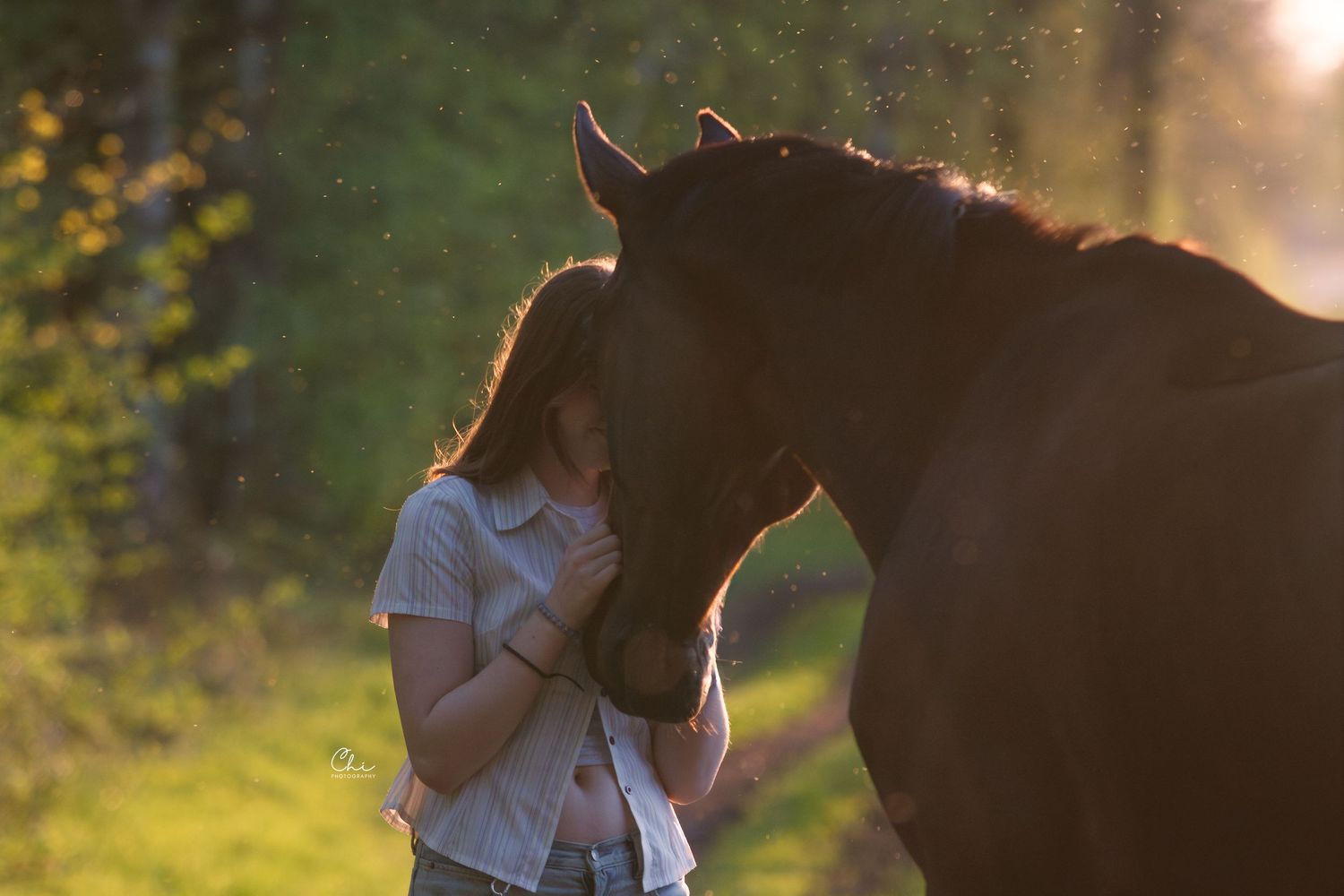 Young woman standing close to a dark bay horse in a sunlit forest path at golden hour.