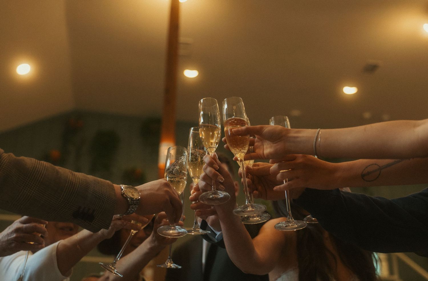 Group of people toasting with champagne flutes at a celebration party in a warmly lit venue.