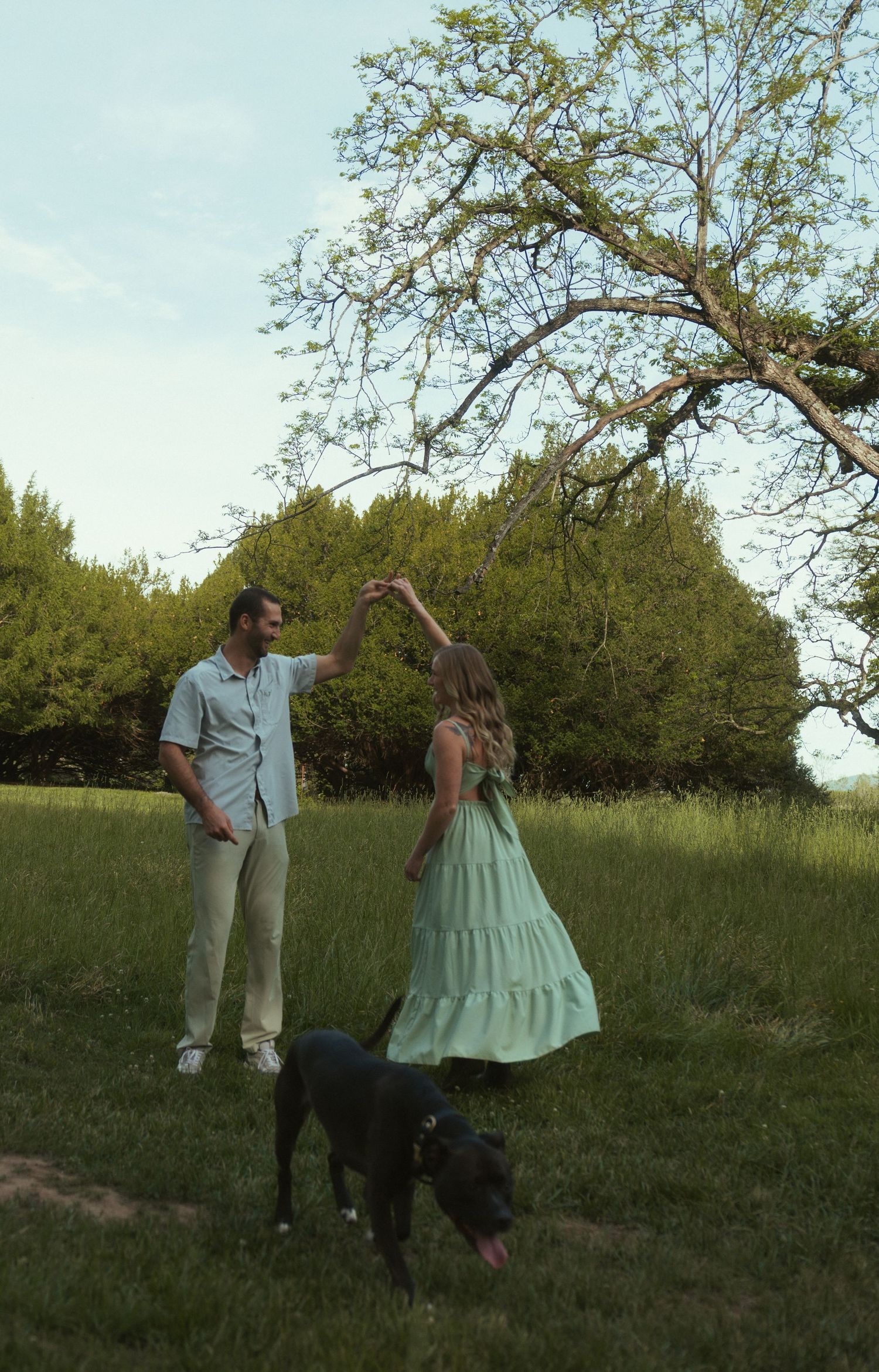A couple dances in a green meadow near a tree while a black dog stands nearby.