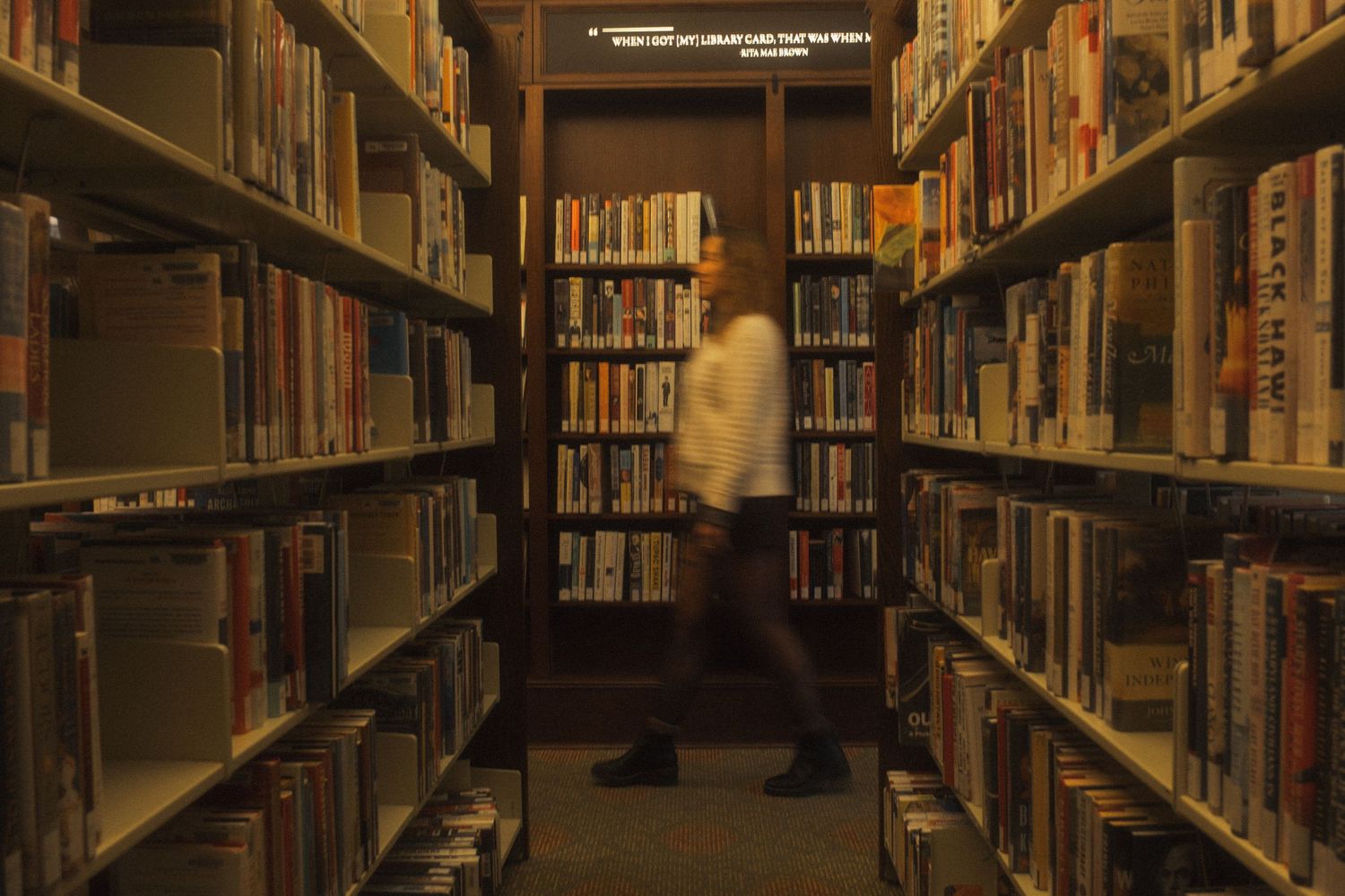 Library bookshelves filled with books line a dimly lit corridor with fluorescent lighting overhead.