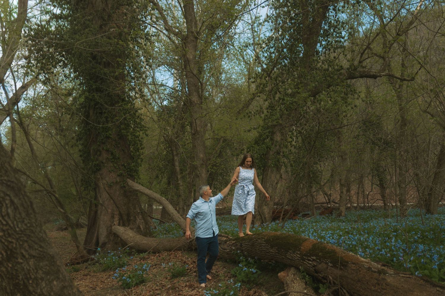 Couple holding hands on a fallen log in a lush forest with blue wildflowers blooming on the ground.