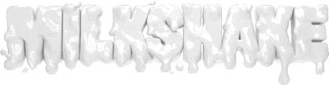 3D white glossy melting text spelling MILKSHAKE on a white background.