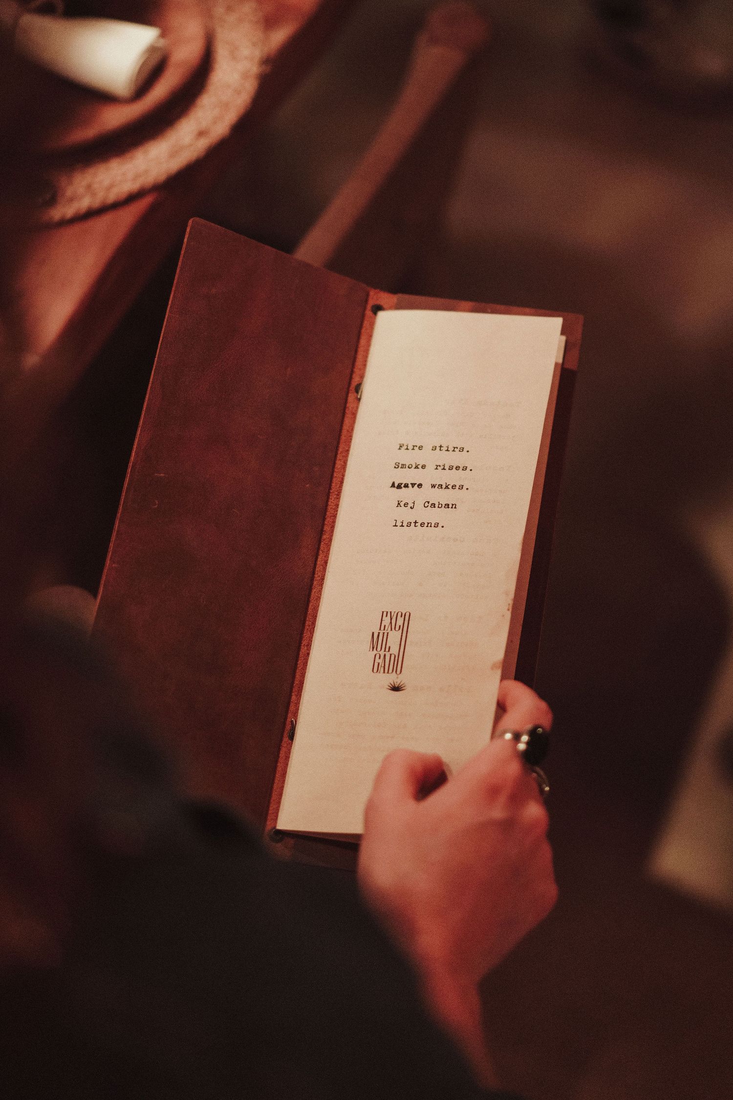 A hand holds open a leather-bound book displaying elegant typed text on cream paper in warm ambient lighting.