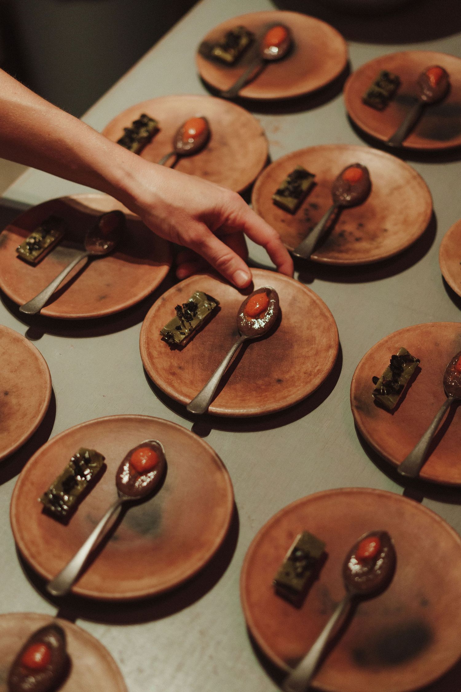 Chef arranging elegant appetizers on rustic clay plates with silver spoons during fine dining service preparation.