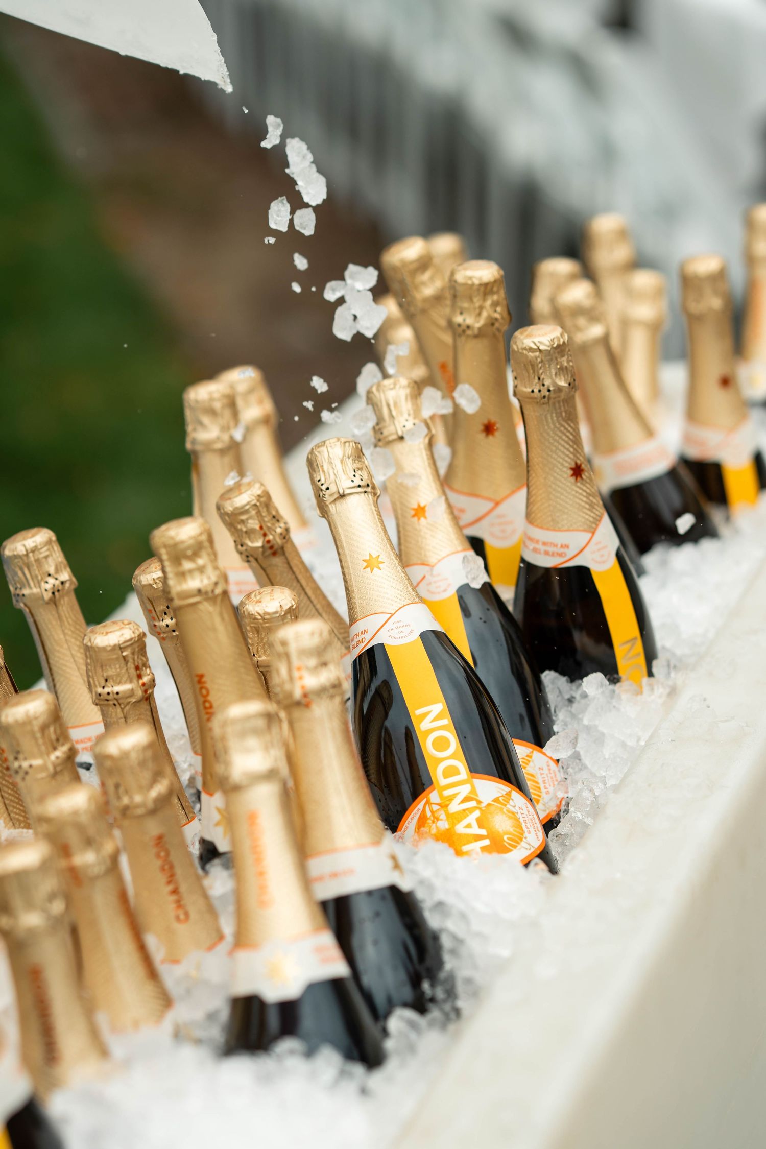 Rows of Chandon champagne bottles chilling on ice at an outdoor event bar.